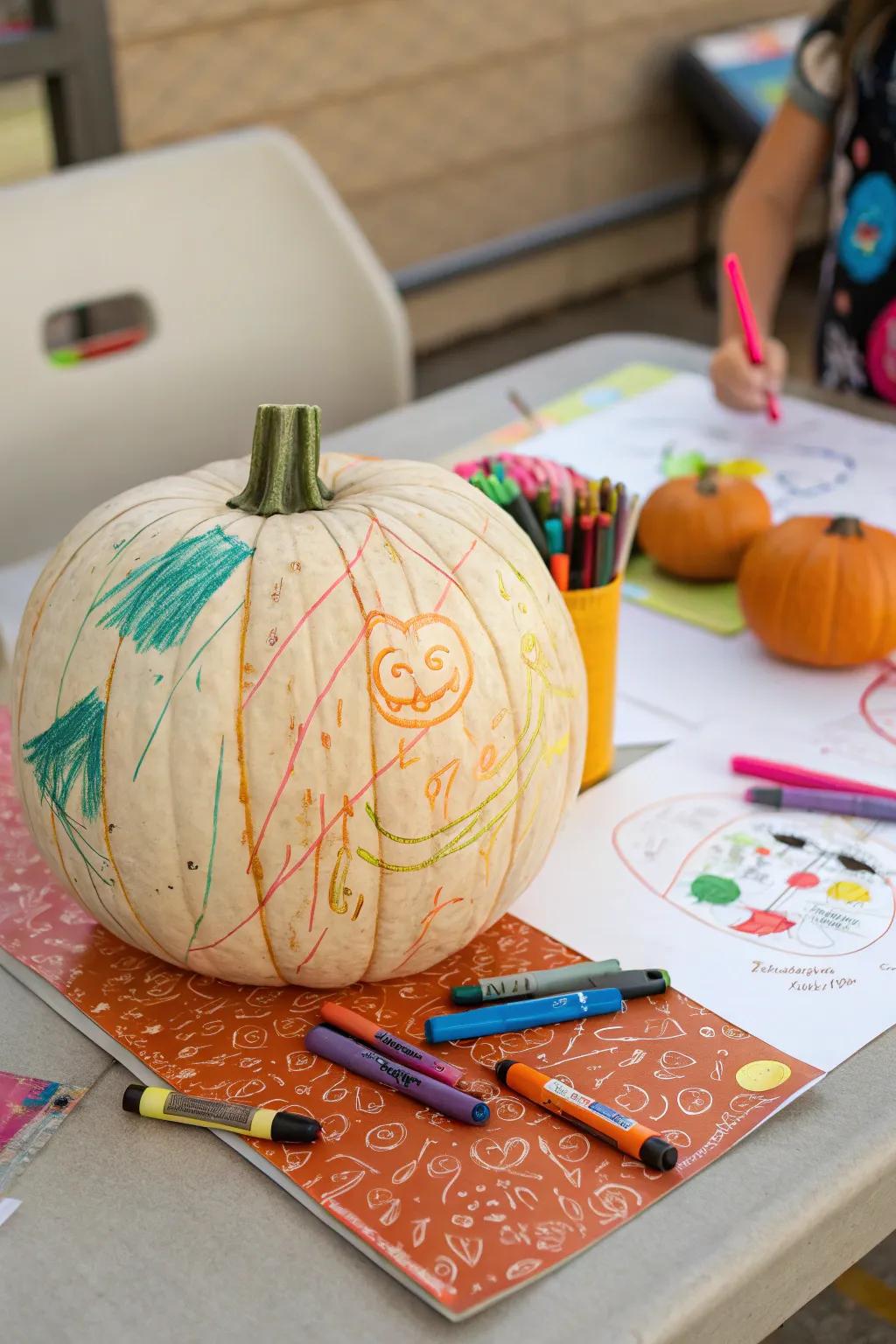 A pumpkin transformed into a canvas of colorful scribbles and creativity.