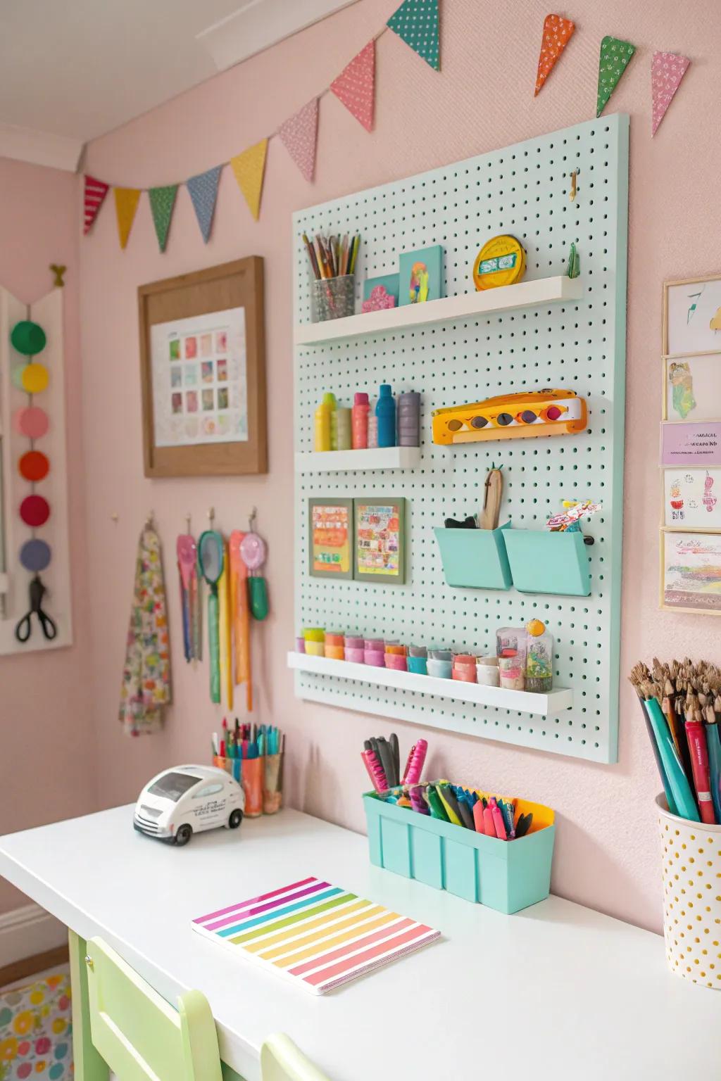 Pegboards offer flexible storage for various items.