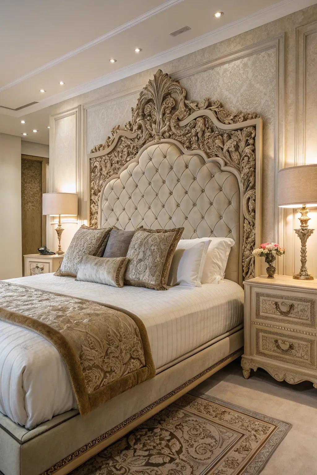 A statement headboard transforms this king bed into a focal point.