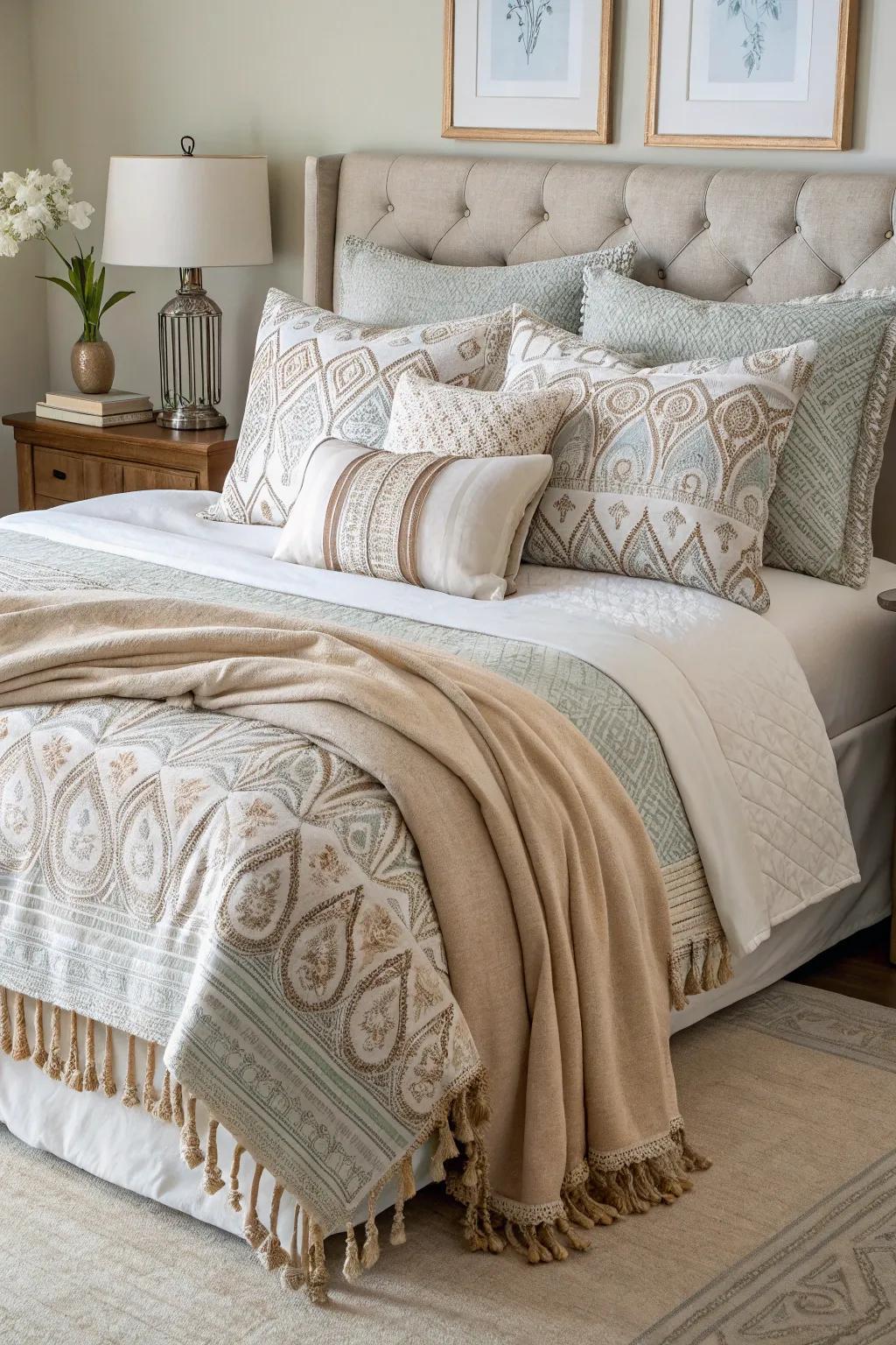 Layered bedding adds texture and depth, creating a luxurious and inviting look.