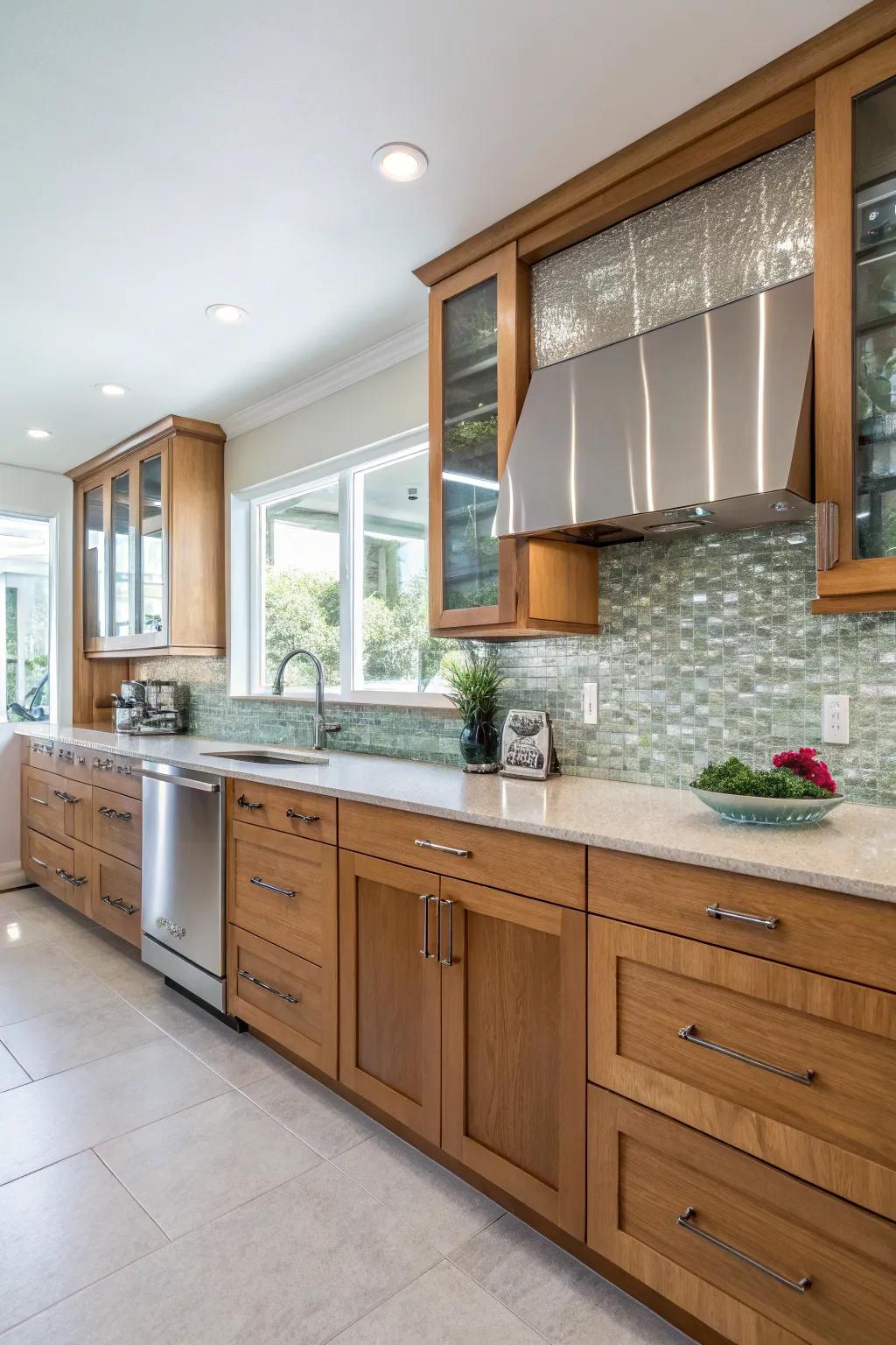 Glass tiles adding a modern flair to oak cabinetry.