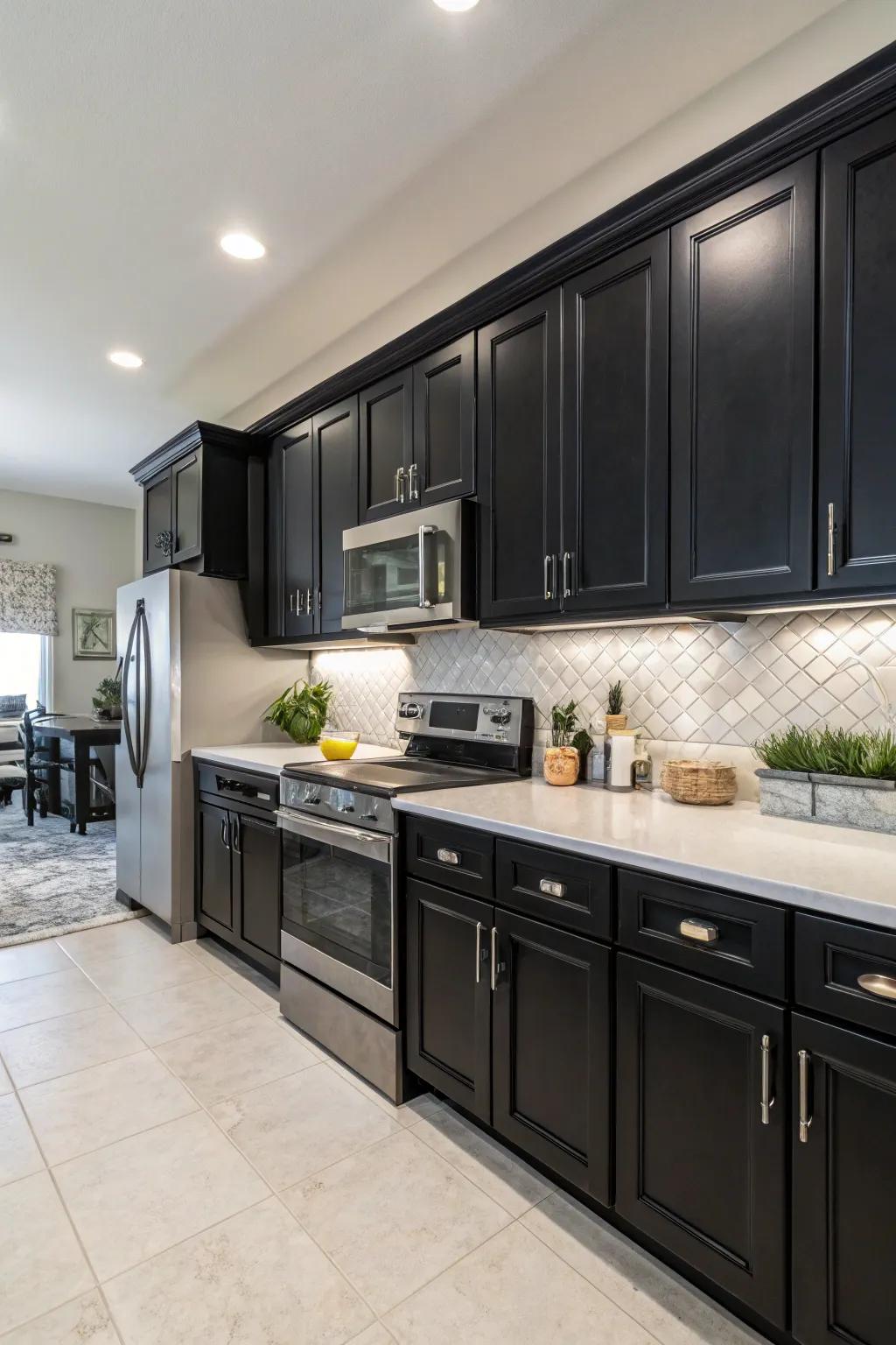 Black cabinets create a bold and dramatic look in modern kitchens.