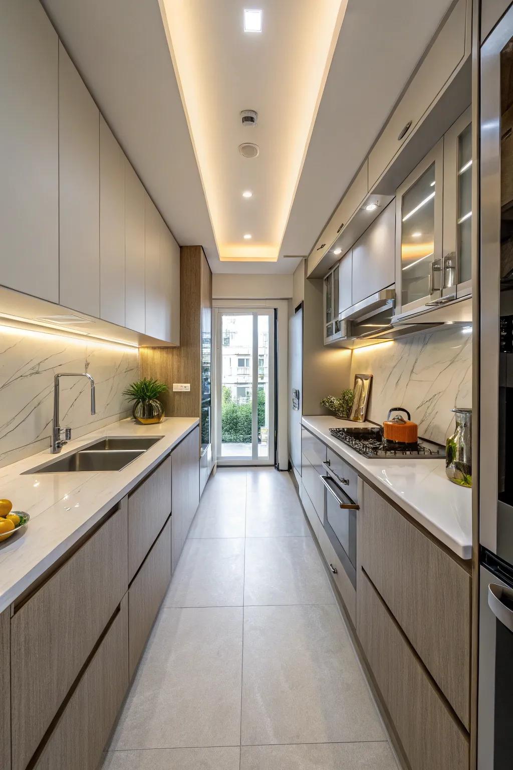 Galley kitchens are perfect for narrow spaces, offering efficiency and style.