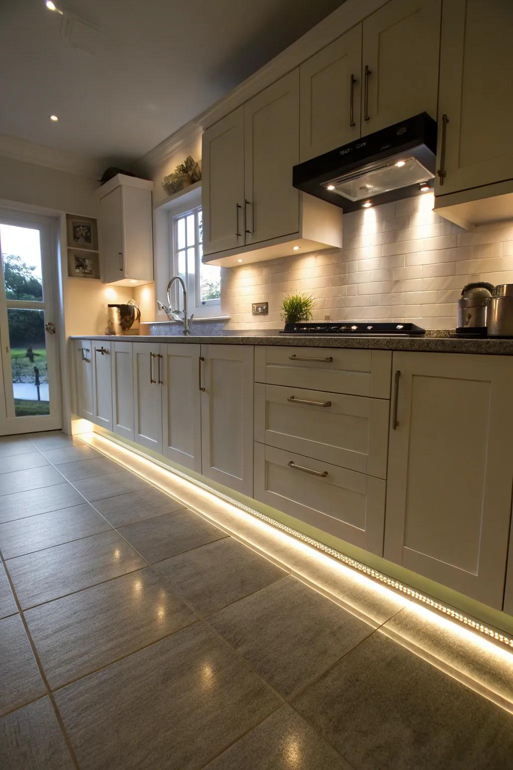 Toe kick lighting adds a stylish floating effect to kitchen cabinets.