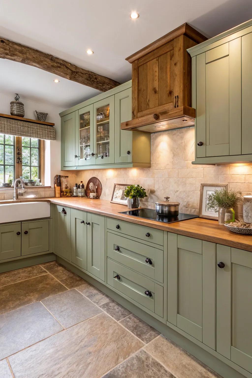 Sage green and natural wood create a serene kitchen retreat.