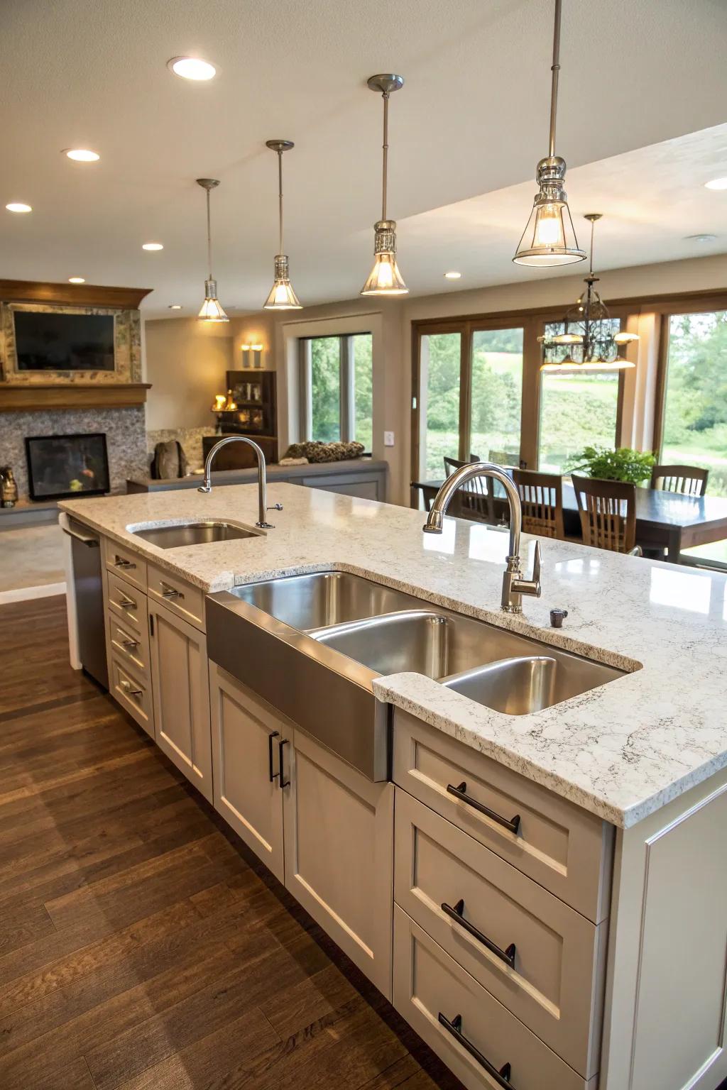 A second sink on the island increases functionality for family kitchens.