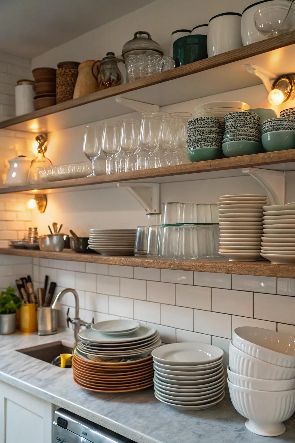 Open shelving adds style and easy access to kitchen essentials.