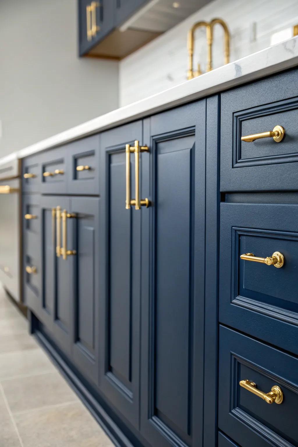 Navy blue cabinets paired with gold hardware bring a nautical elegance to the kitchen.