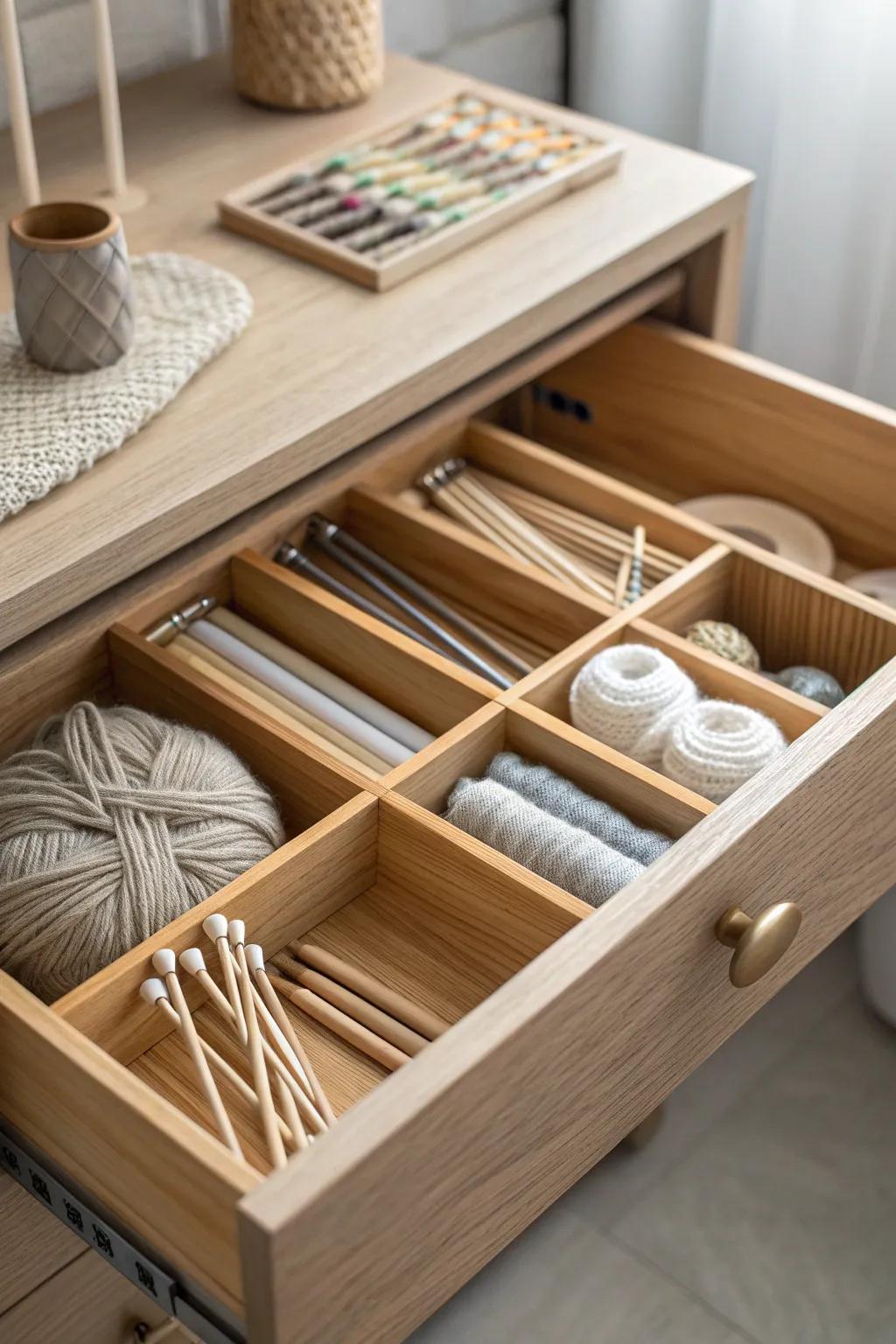 Elevate your knitting space with chic drawer dividers for a clutter-free, artistic vibe.