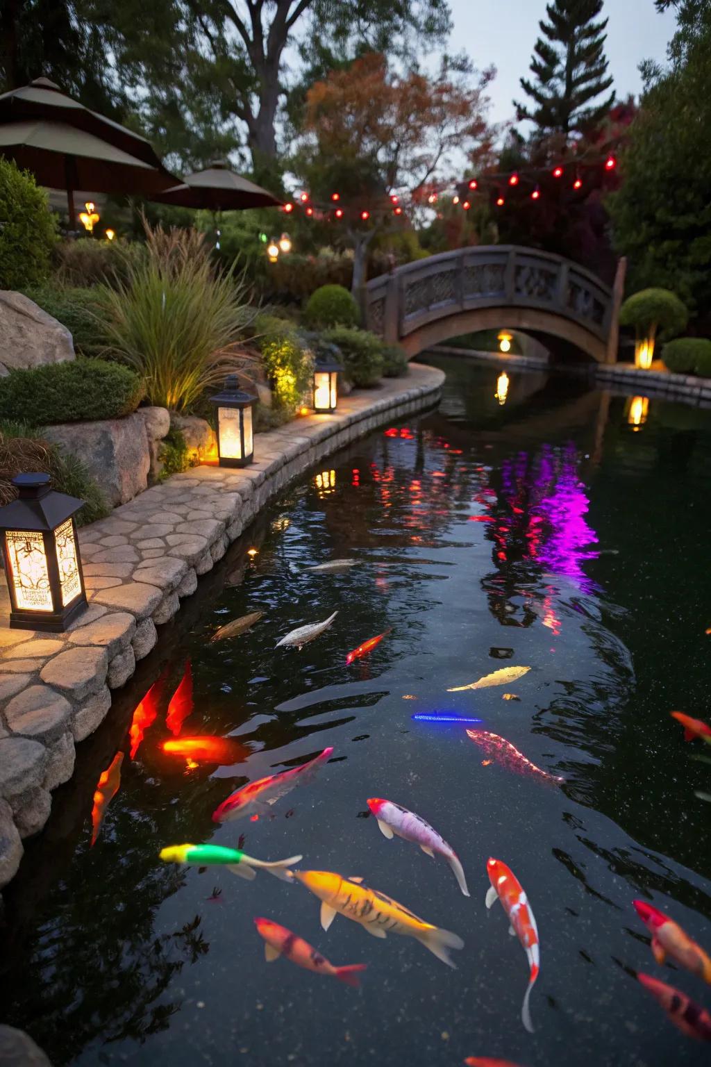 Colored LED lights bring a festive and dynamic feel to the koi pond.