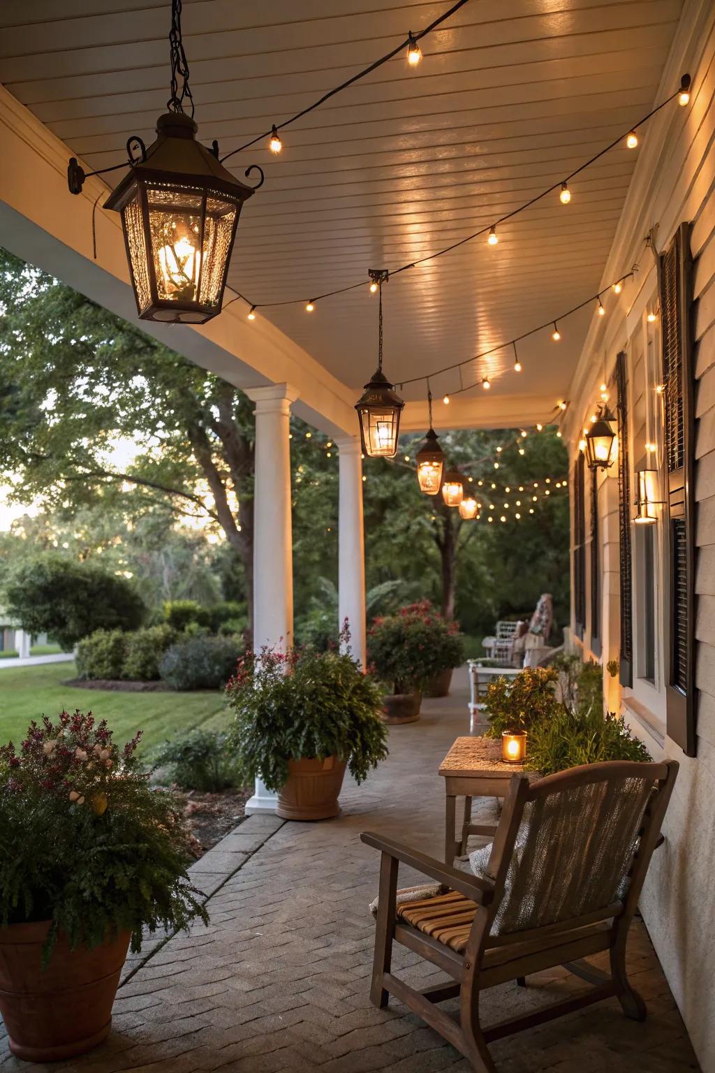 Lanterns casting a warm glow on a charming porch.