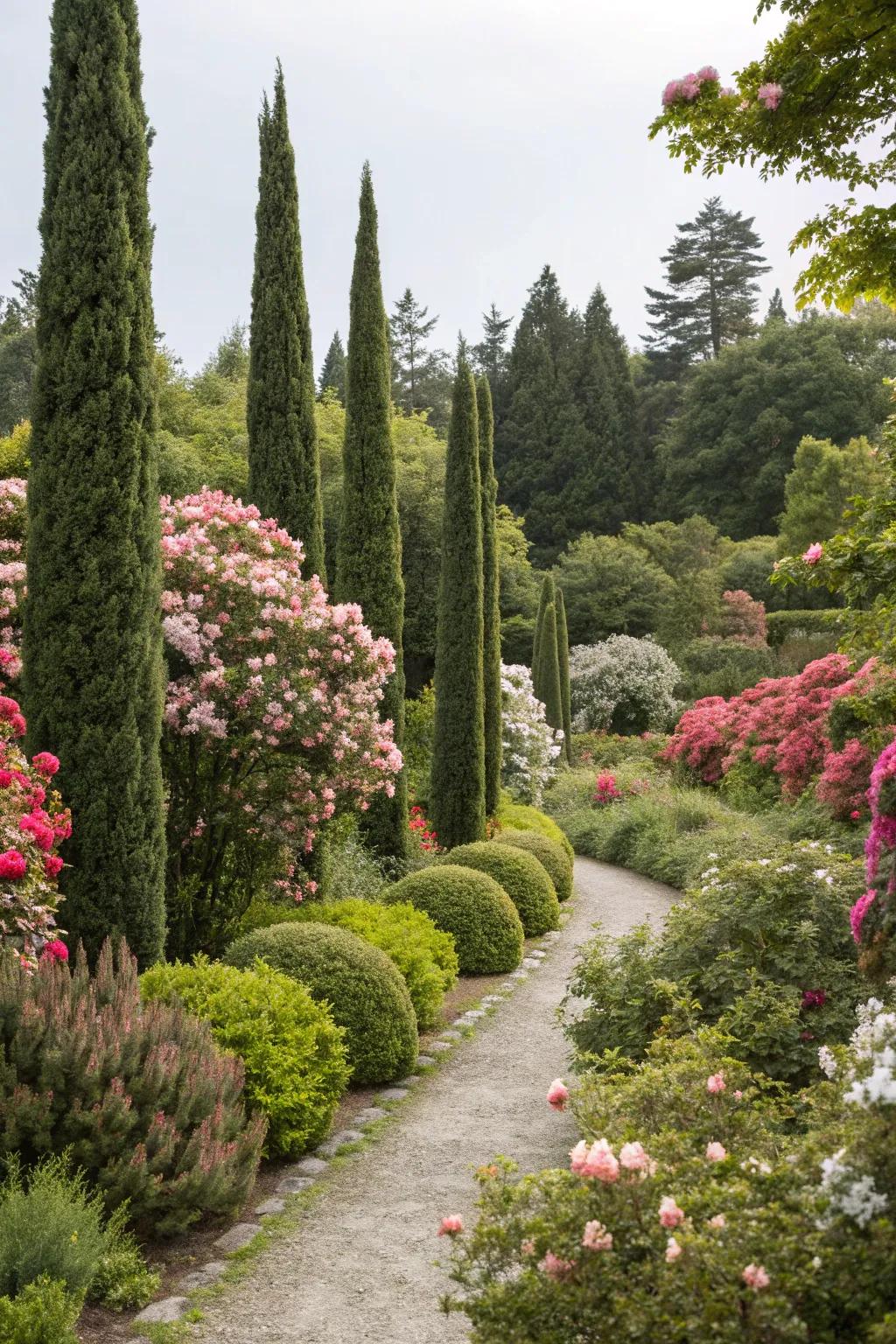 Arborvitae framing taller plants, adding depth to the garden.