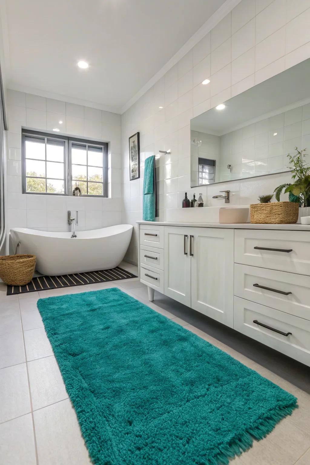 A bright rug can transform a neutral bathroom with a splash of color.