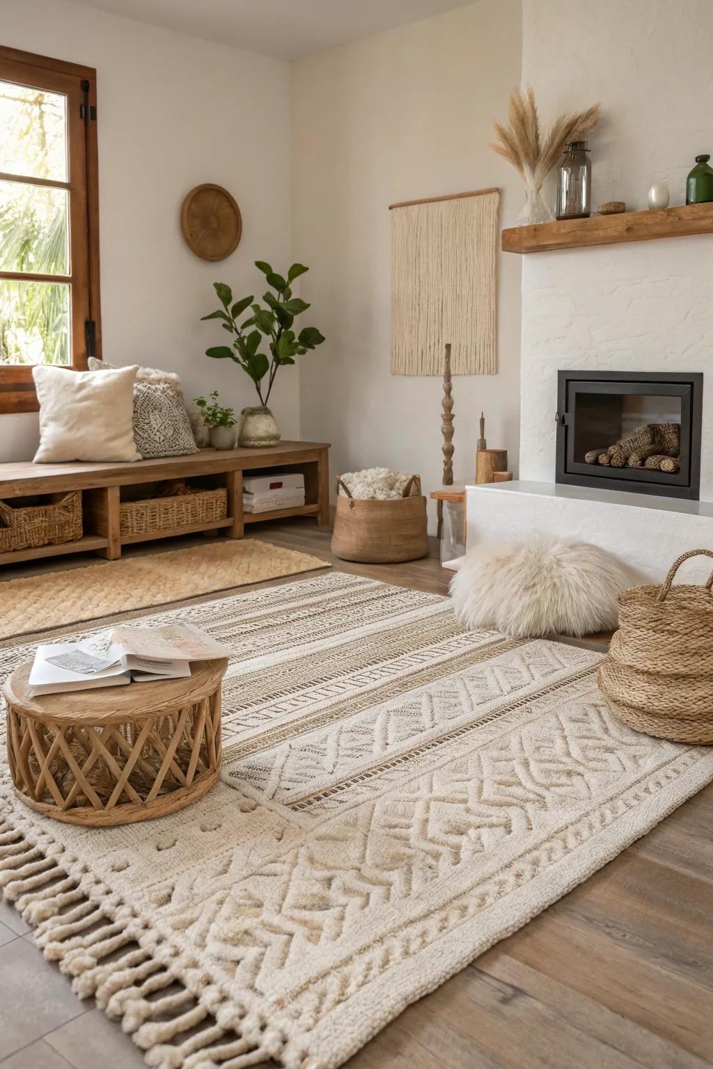 Layering neutral rugs creates a peaceful and cohesive environment.