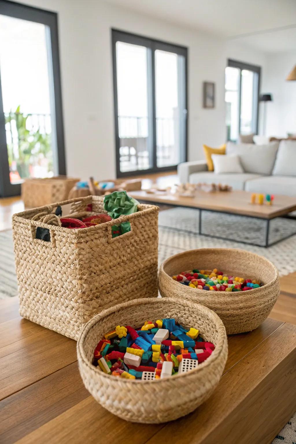 Stylish seagrass baskets for Lego storage.