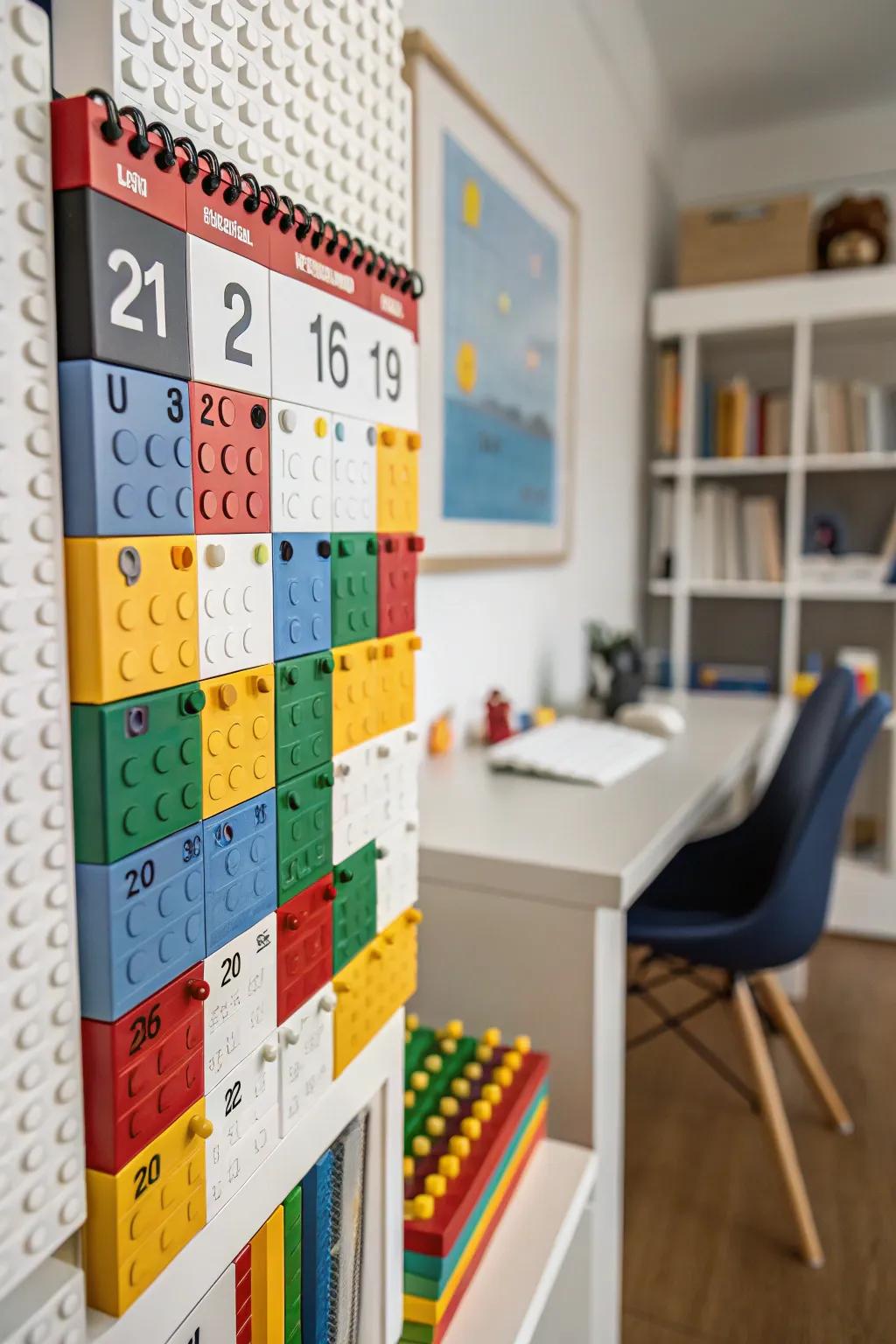 A LEGO calendar keeps this home office both organized and stylish.