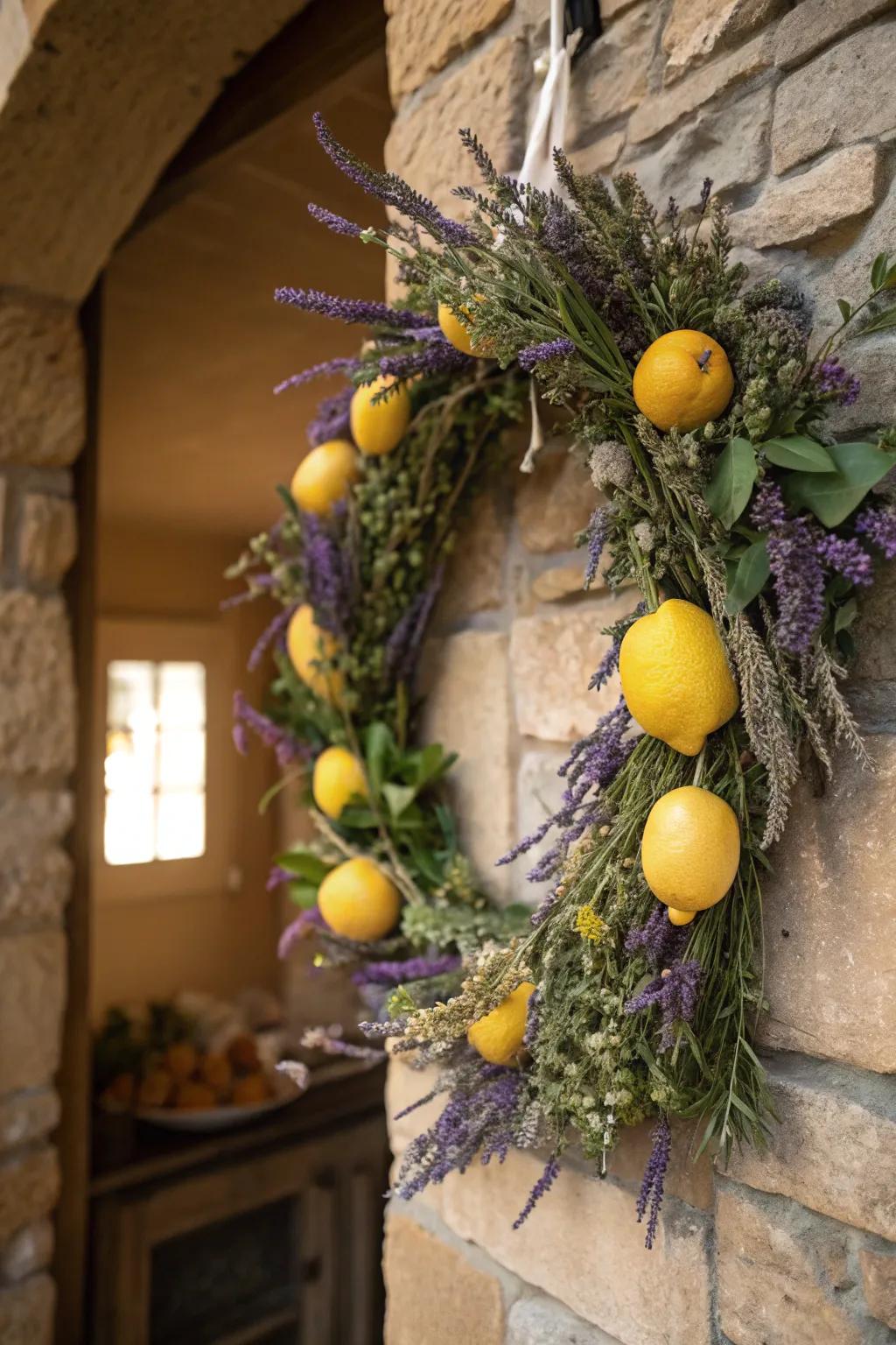 A refreshing lemon and lavender wreath for a touch of elegance.