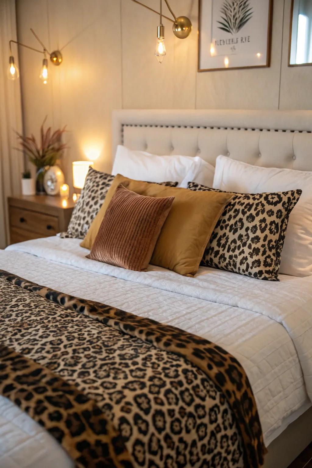 Leopard print throw pillows add a playful touch to a sophisticated bedroom.