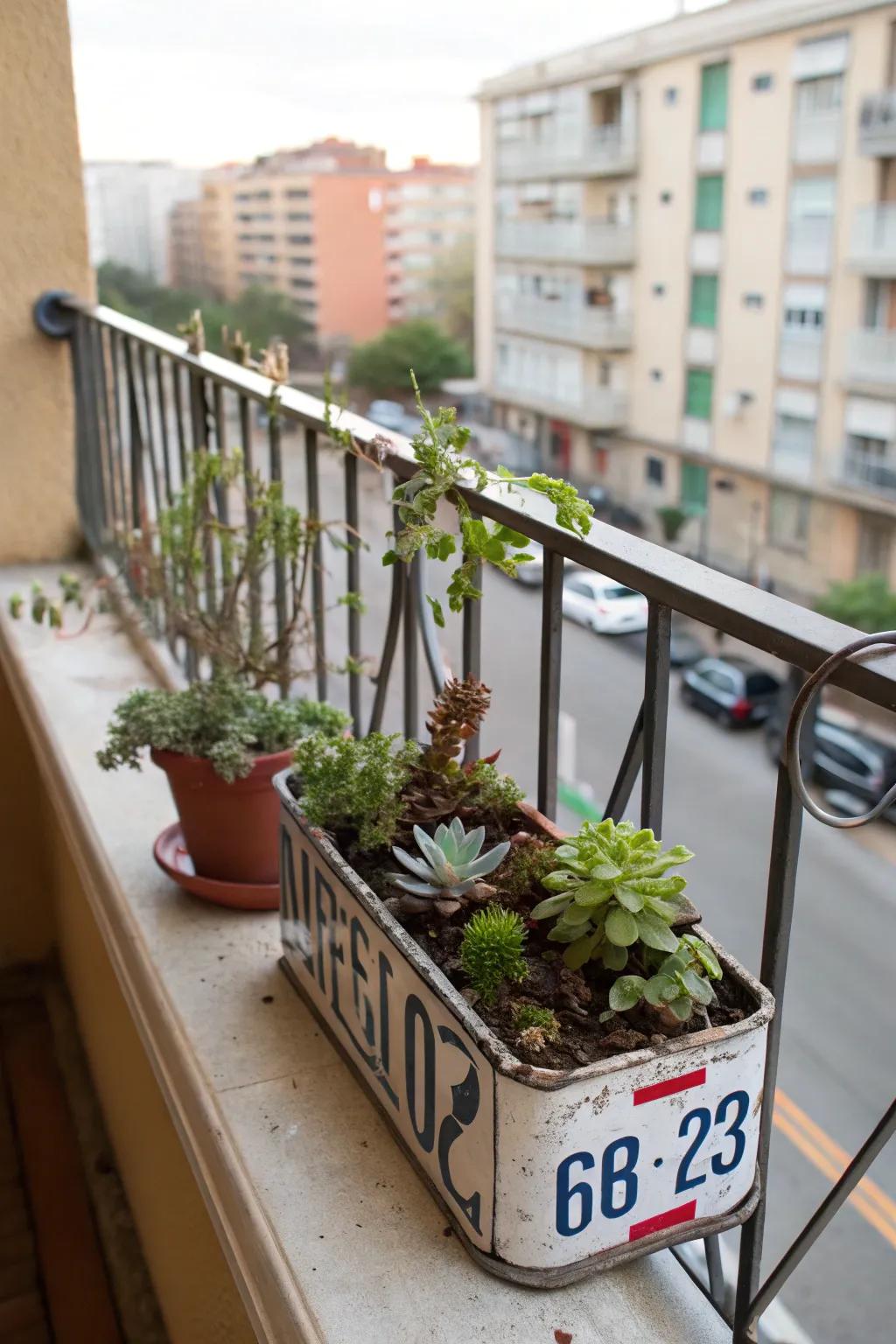 A unique planter bringing vintage charm to a modern balcony.