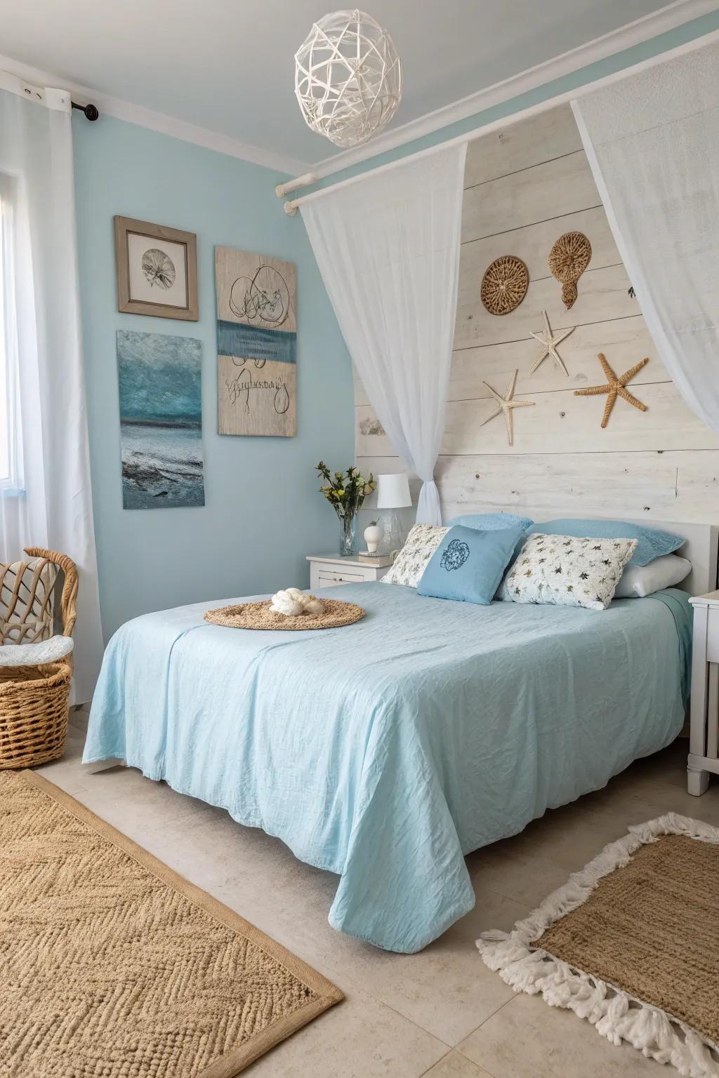 Create a coastal-inspired retreat with light blue bedding and sandy accents.