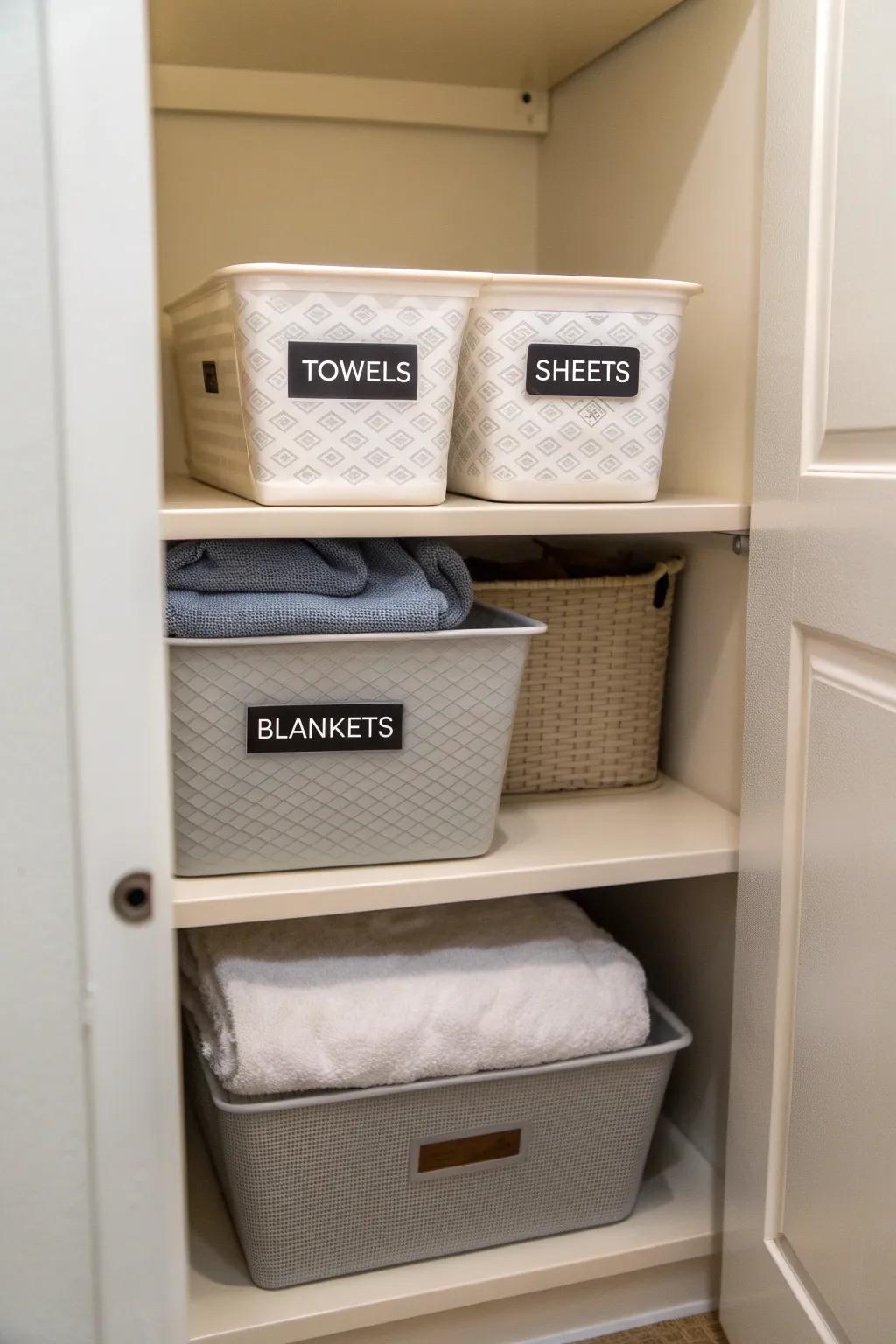 Clearly labeled bins make finding and storing linens a breeze.