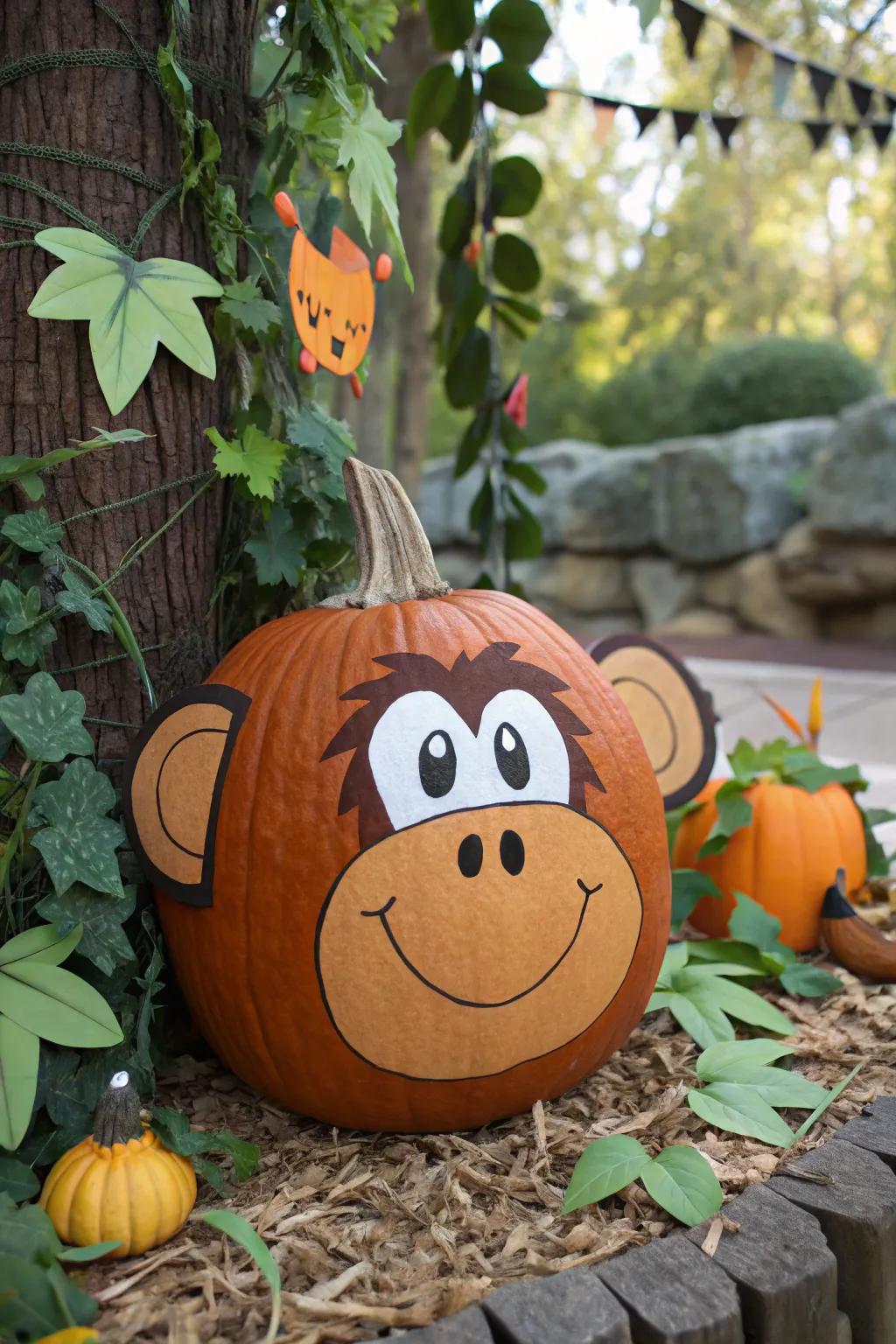 Add a touch of adventure with a monkey-themed pumpkin that's sure to delight.