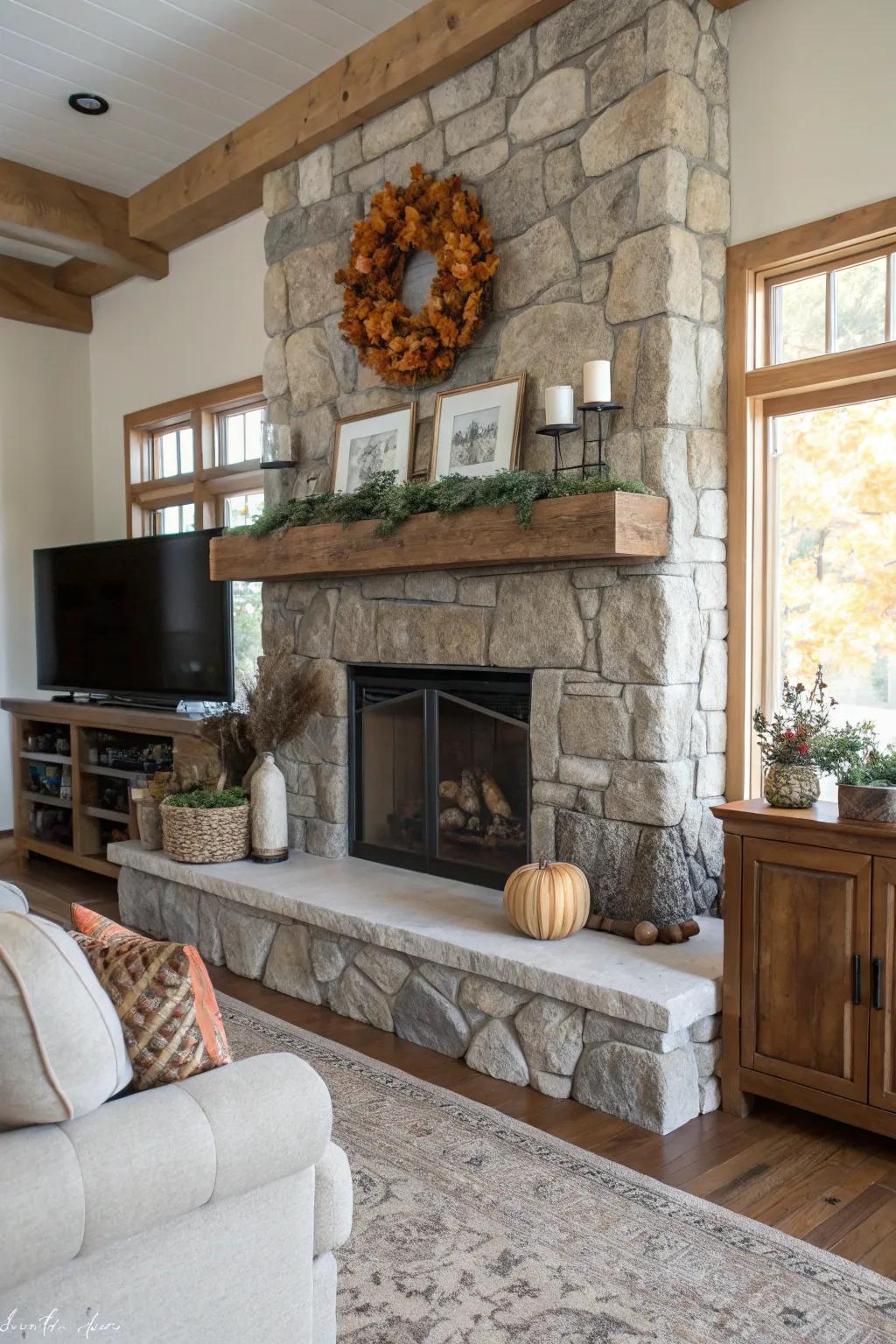 A cozy farmhouse living room with a live edge mantel and seasonal decorations.