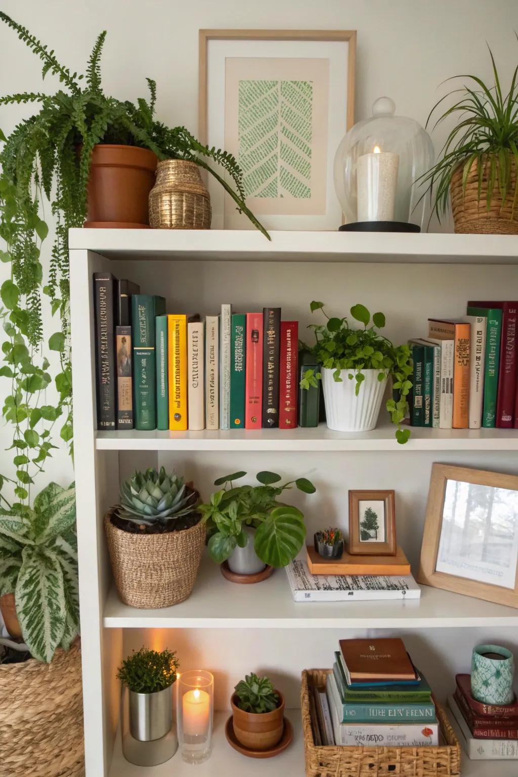 Houseplants bring a natural touch to bookshelf decor.