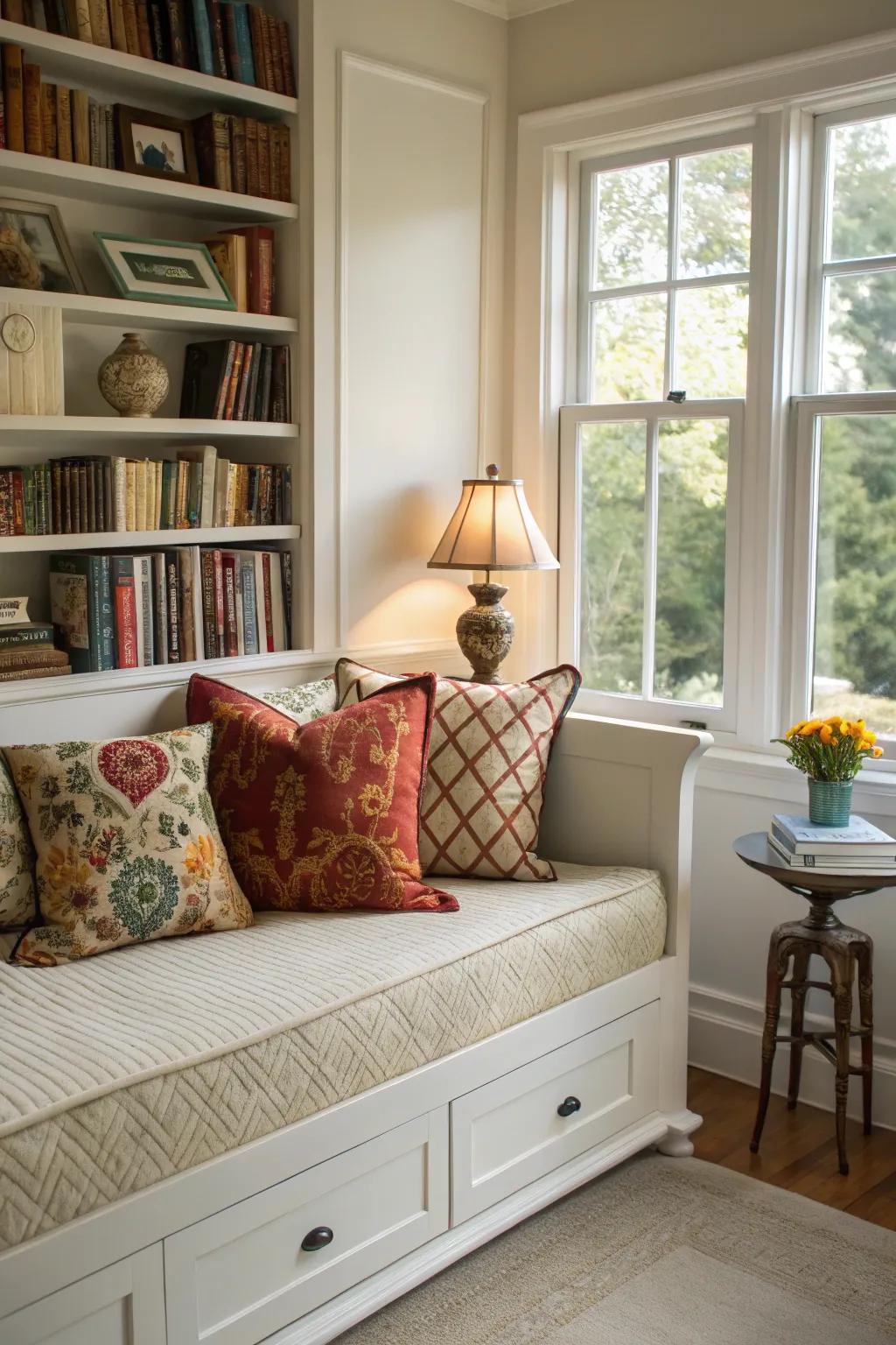 A versatile daybed in a living room nook for ultimate relaxation.