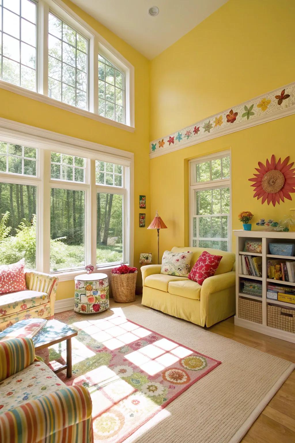 Sunny yellows add warmth and vitality, brightening up your living room.