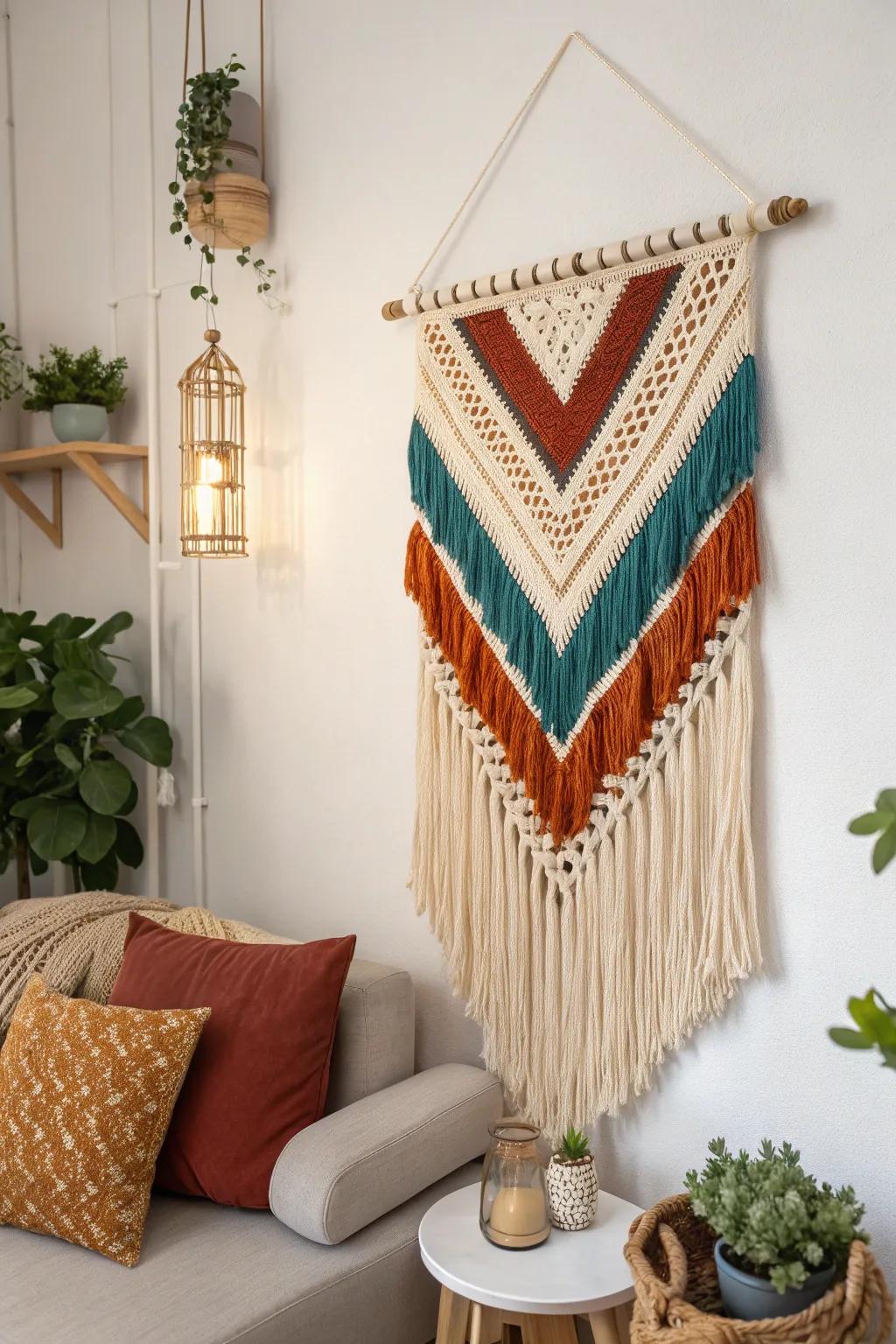 Add warmth and texture to your space with a handcrafted macramé tapestry, blending minimalist charm with boho vibes.