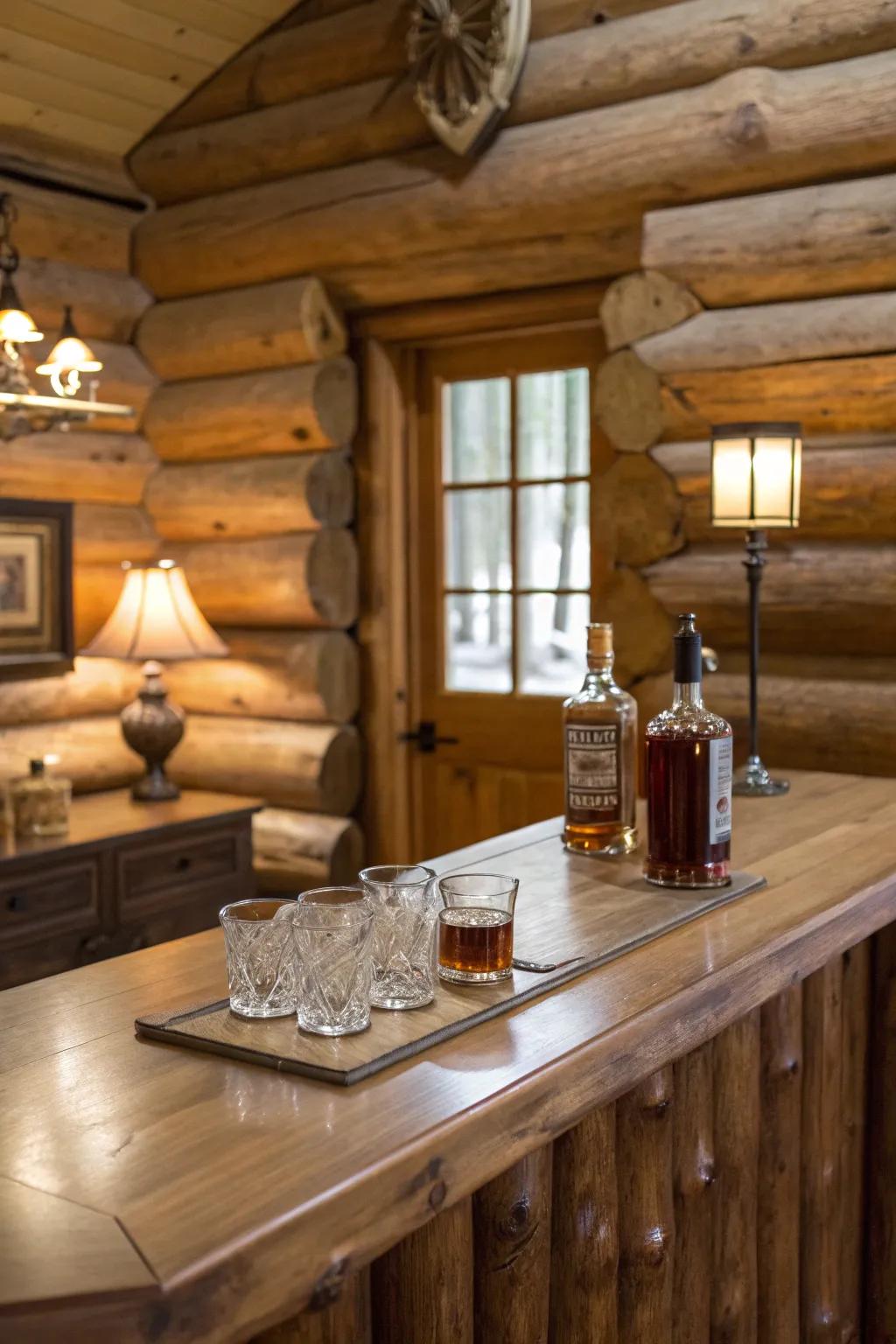 A central bar counter acts as the focal point in this log cabin bar.