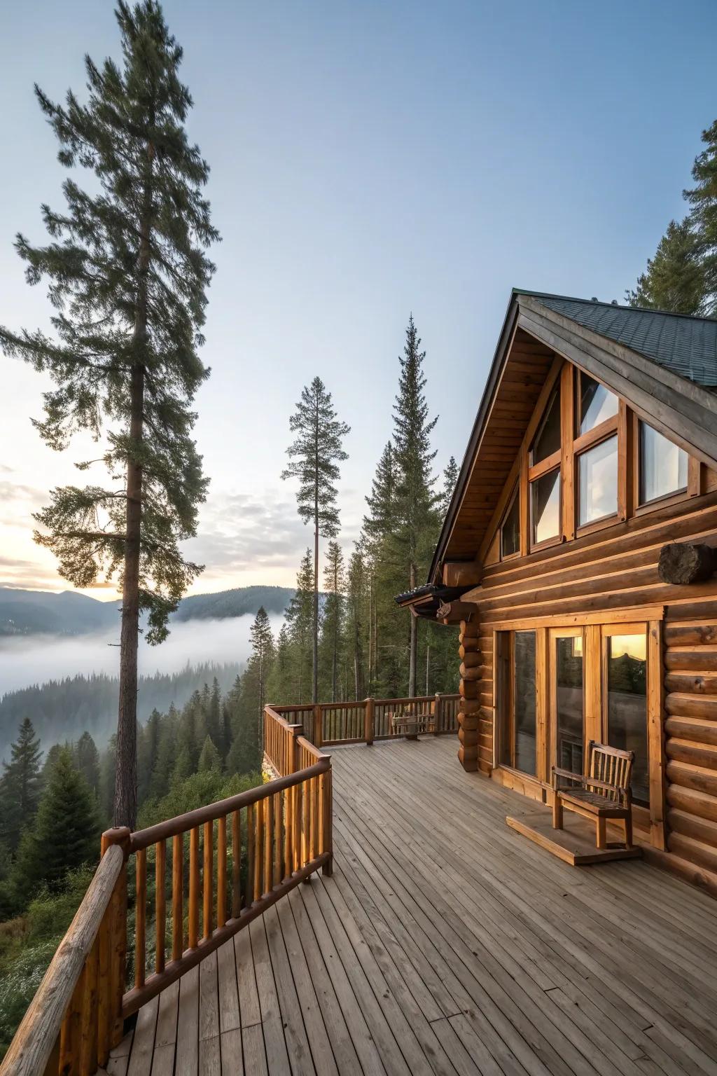 A log cabin with a stunning wraparound deck for endless views.