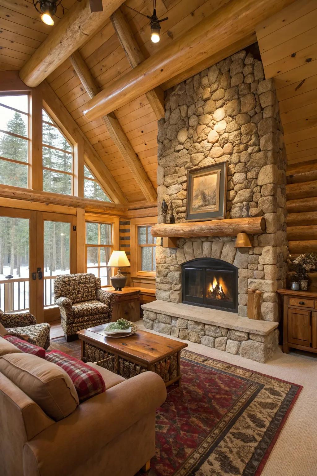 A rustic stone fireplace serves as the heart of this cozy log cabin.