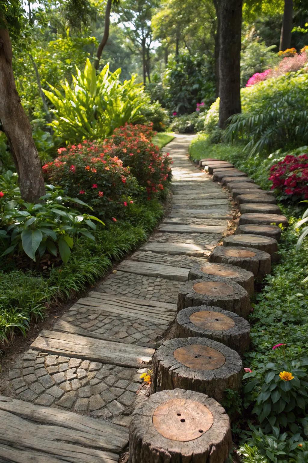 Guide your guests with a handcrafted log pathway, adding whimsy and charm to your garden.