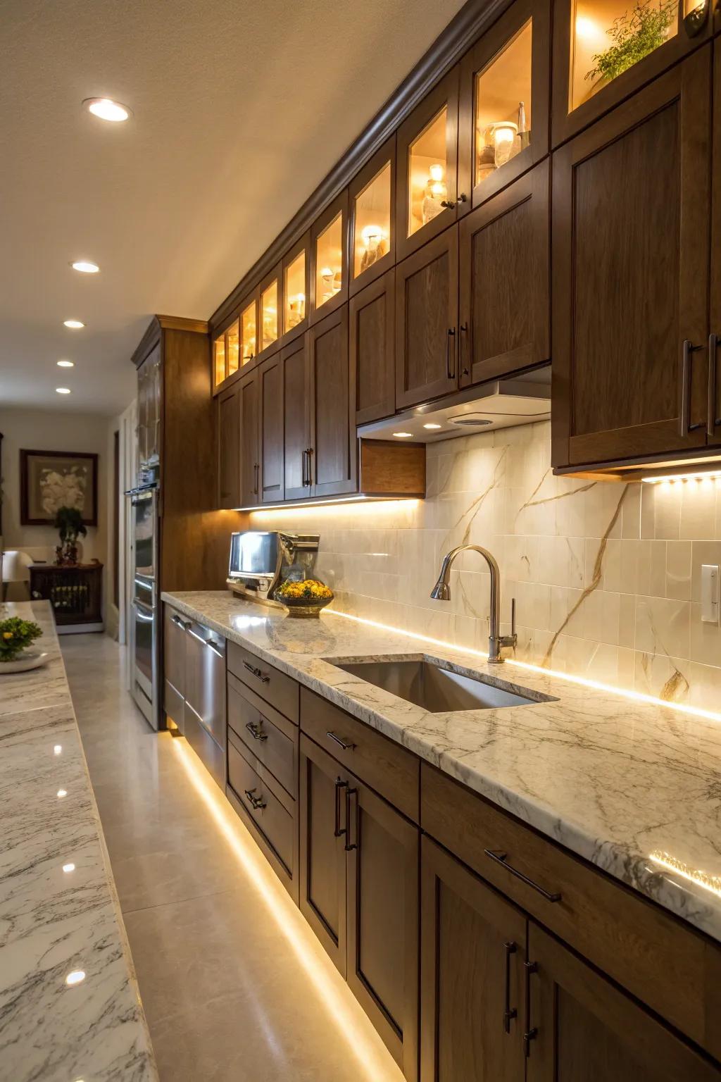 Elegant under-cabinet lighting highlighting marble surfaces.