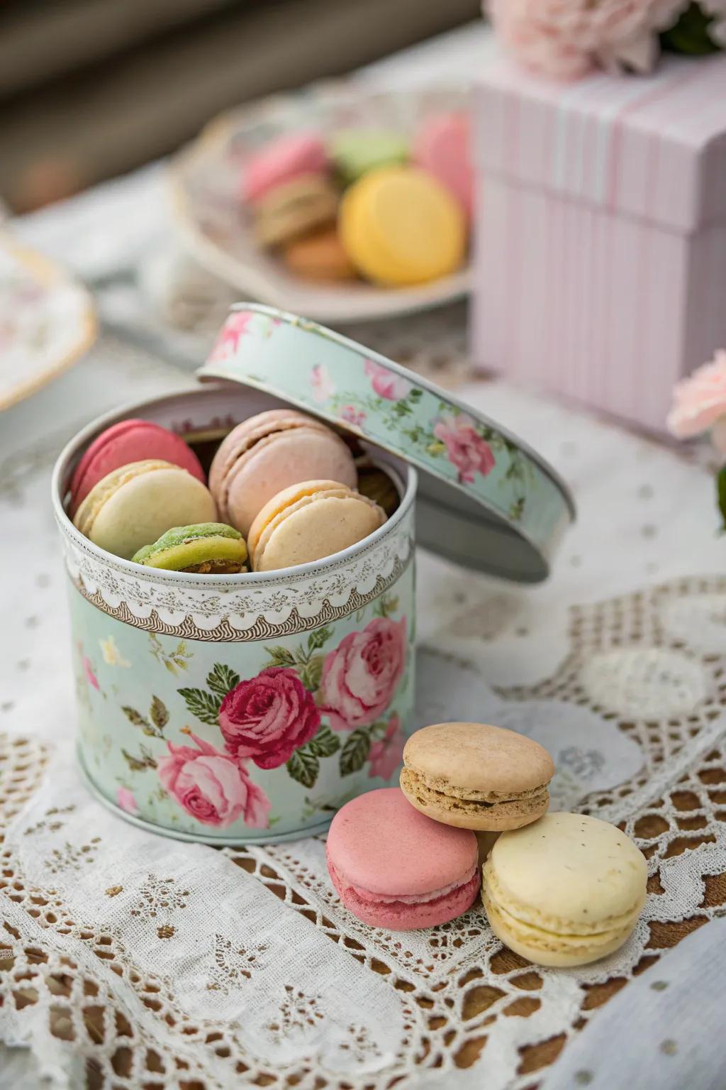 Vintage flair with macarons in a charming tin can.