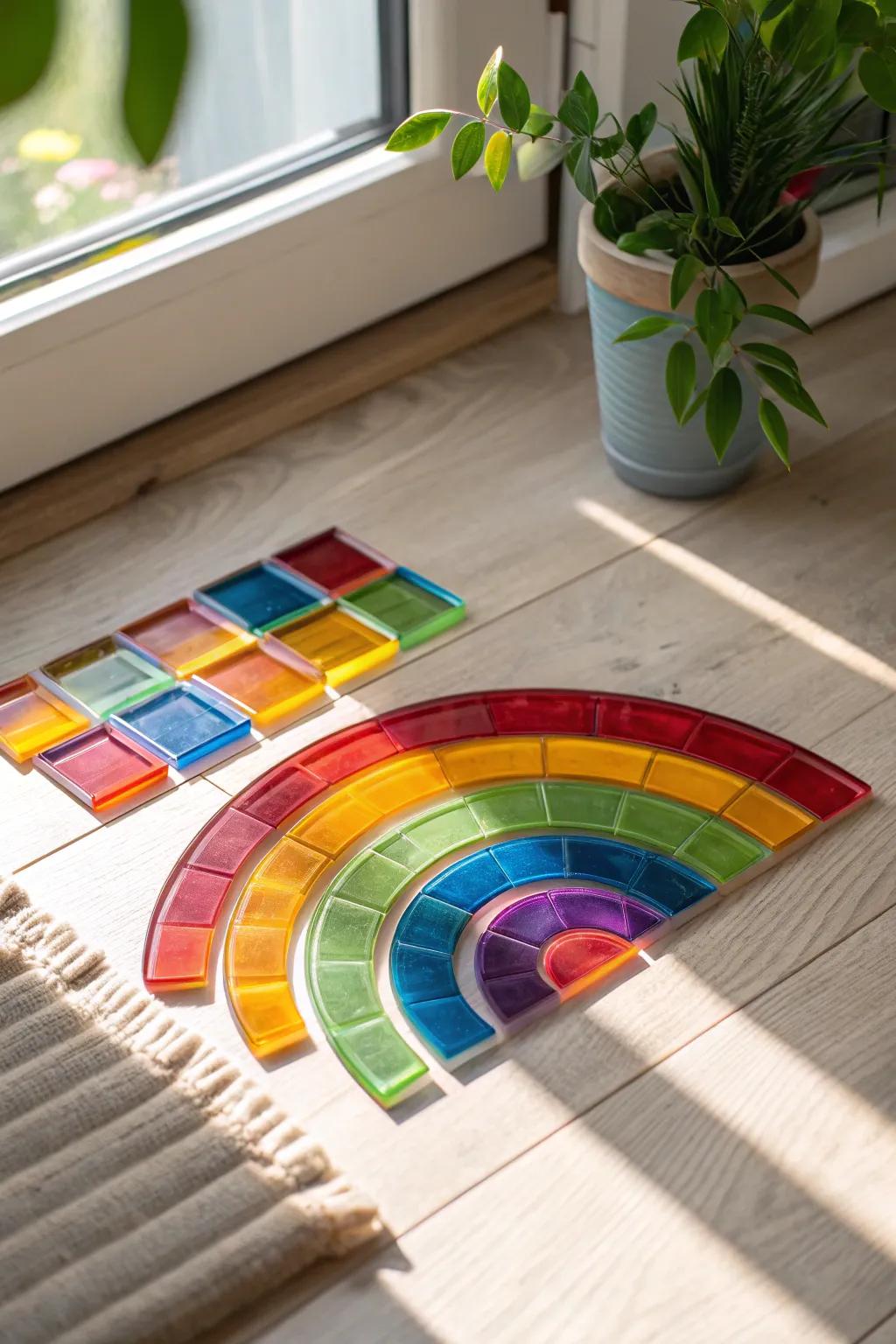 Transform your space with the vibrant hues of rainbow magnetic tiles, turning sunlight into a mesmerizing kaleidoscope of colors.