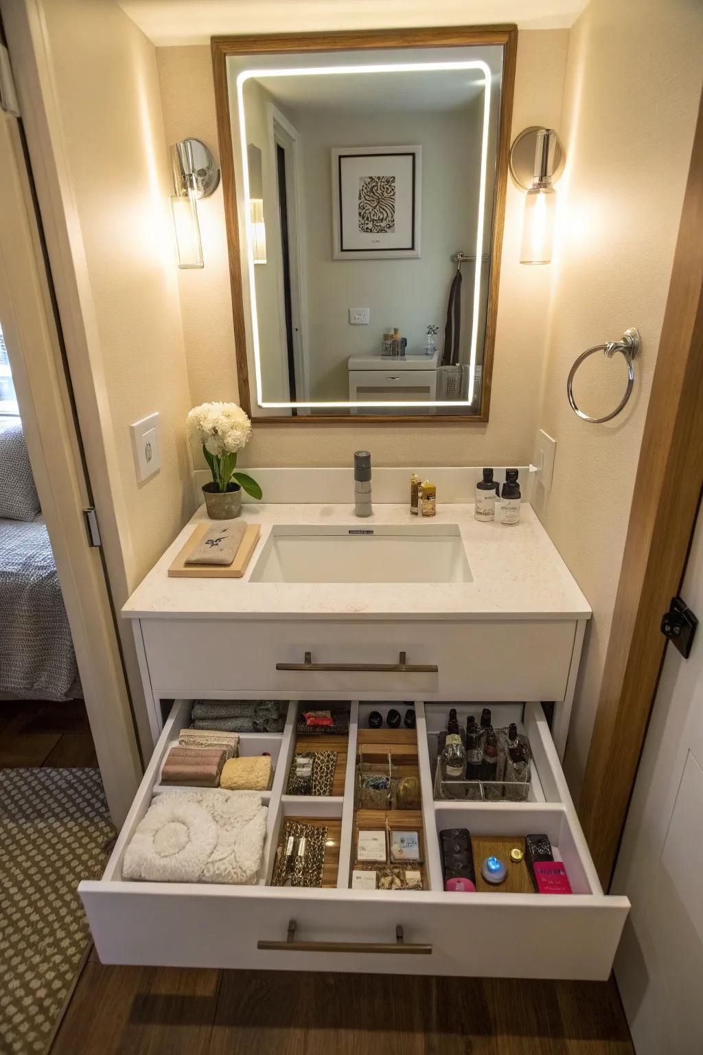 Mirror storage solutions keep your vanity organized and clutter-free.