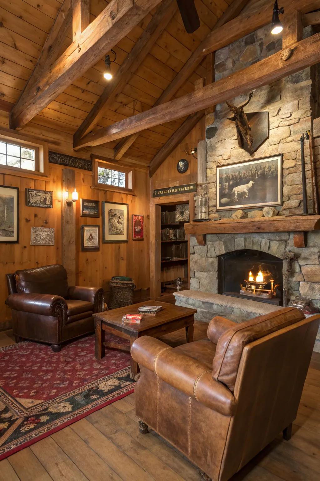 Bring warmth and character to your man cave with rustic decor.