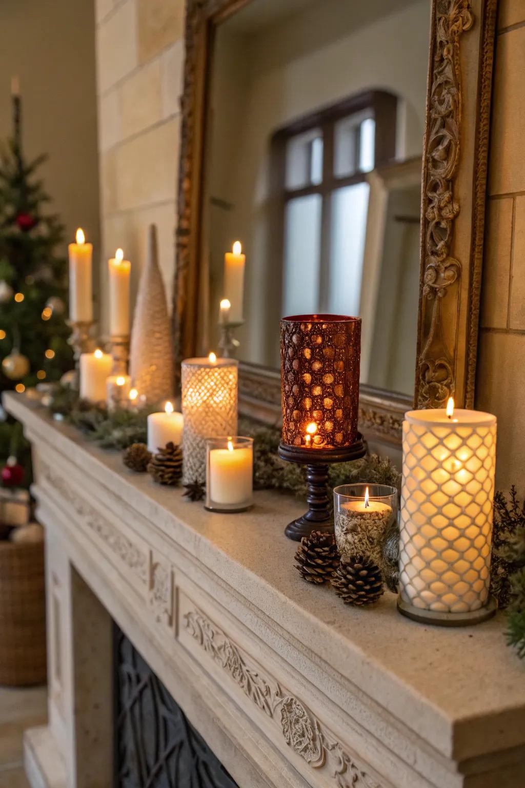 A fireplace mantel with an assortment of candles.