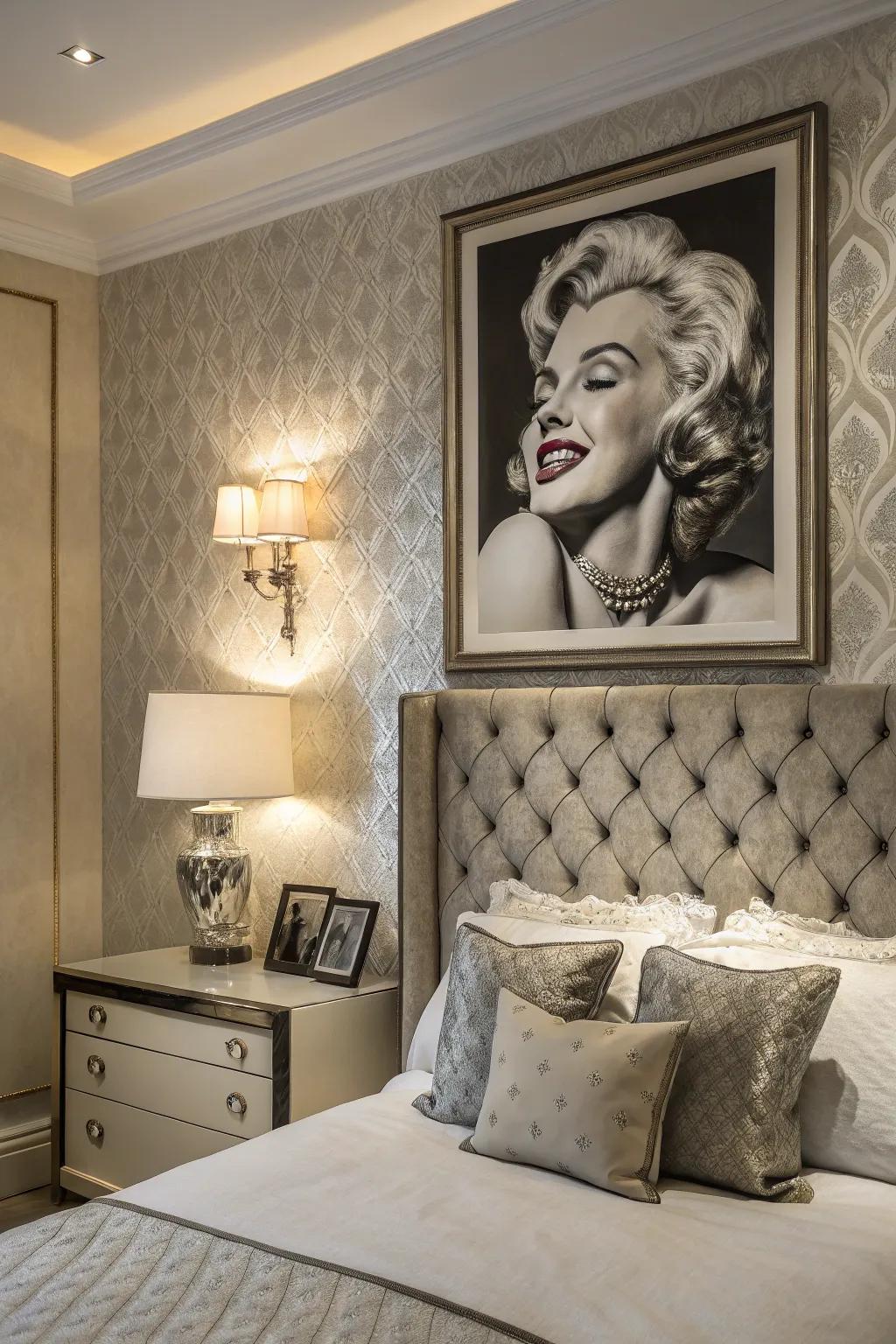 Iconic artwork is an essential element in a Marilyn-inspired bedroom.