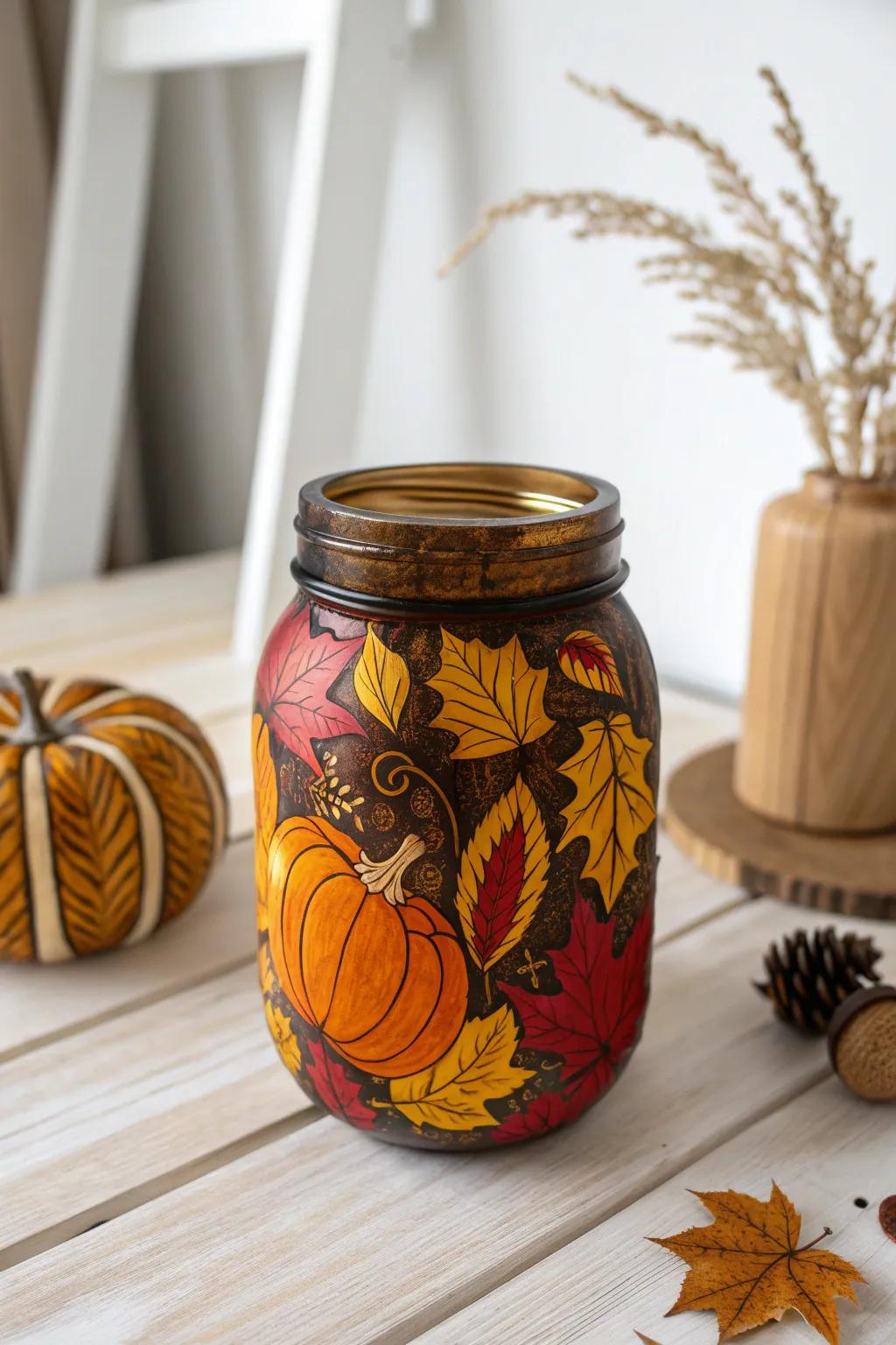 Embrace the beauty of autumn with these handcrafted, seasonal mason jars. 🍂🎃 Perfect for adding a touch of warmth and elegance to your Thanksgiving table.