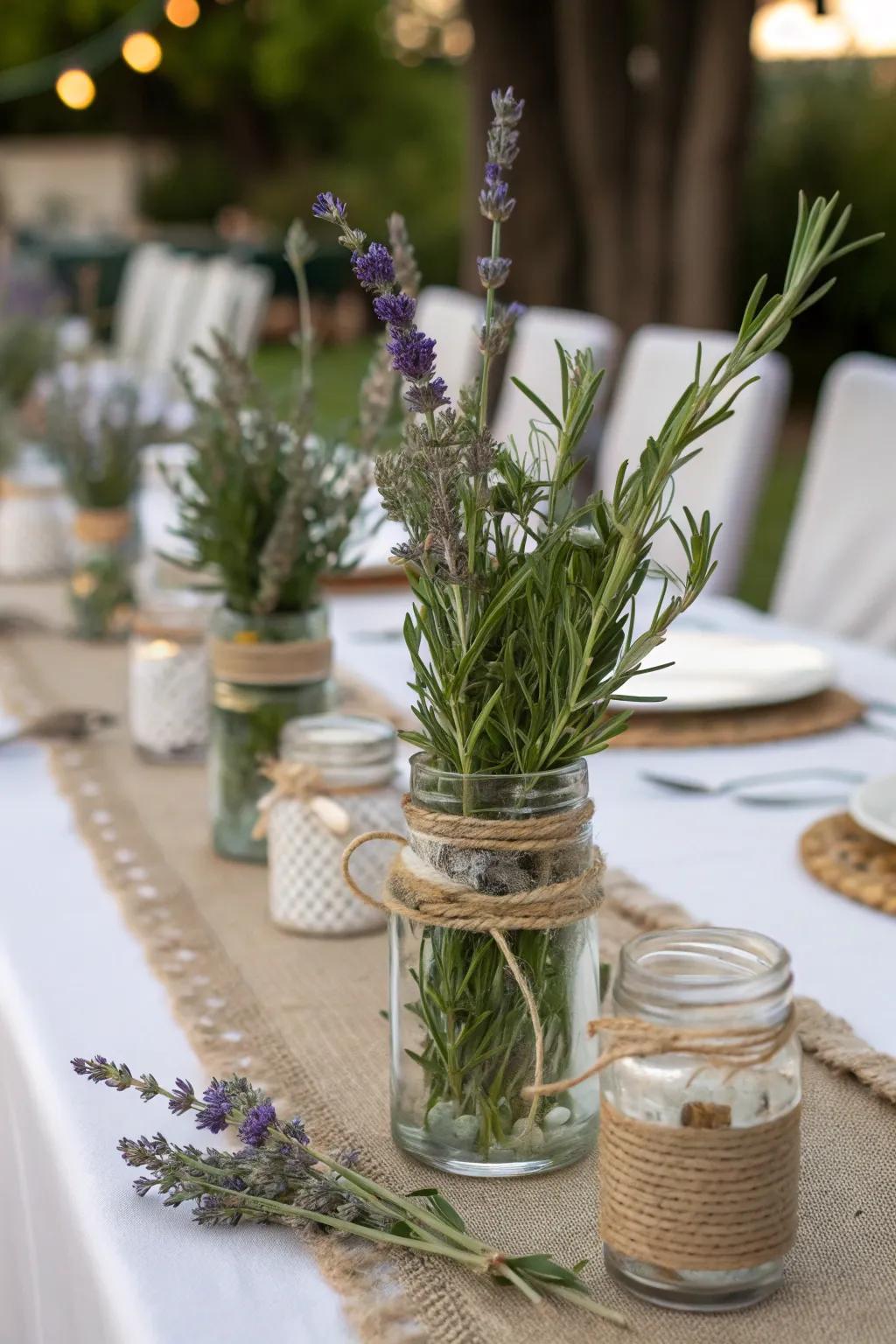 Herb-filled mason jars serve as fragrant and fresh wedding centerpieces.