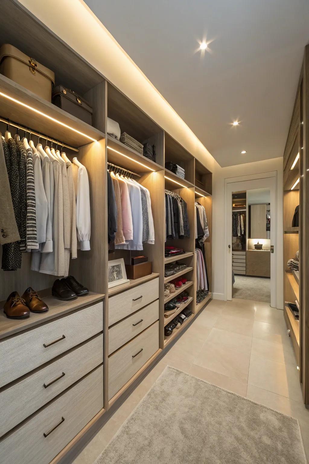 Clever lighting enhances both function and style in your closet.