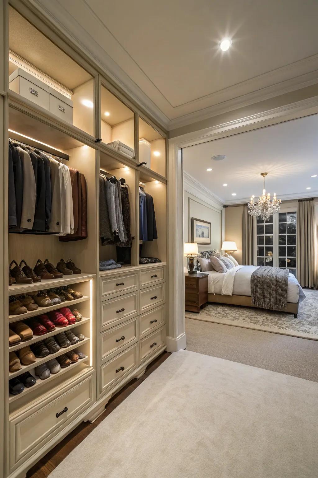 A walk-in closet that combines style with functionality.