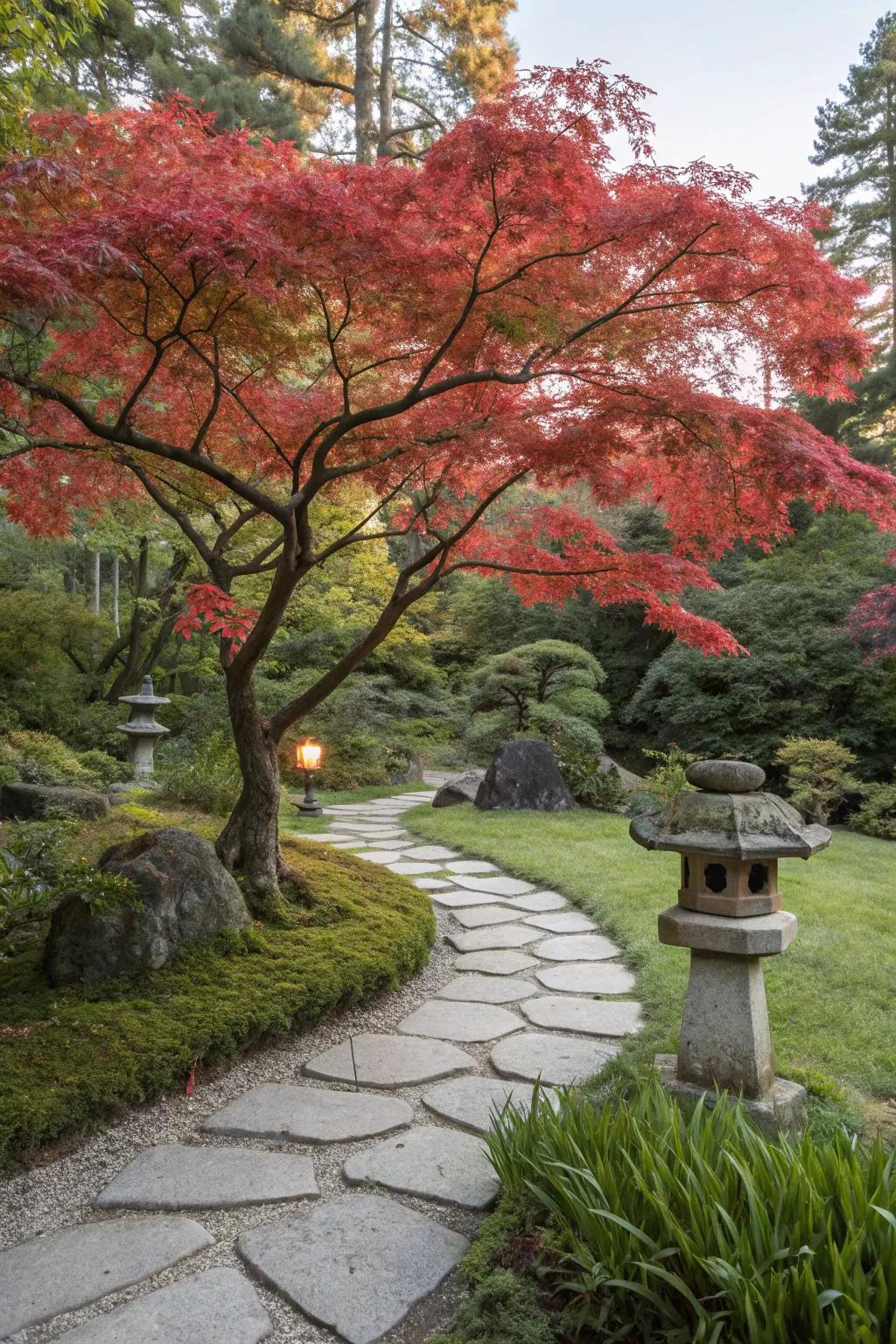 A Japanese maple serves as a beautiful memory tree in the garden.