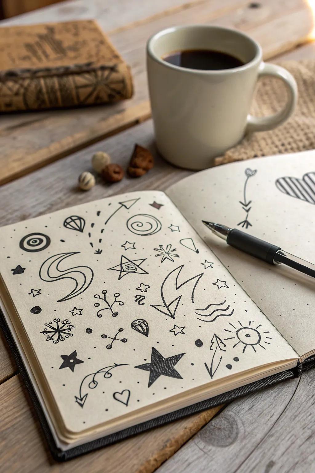 Unleash your creativity with whimsical doodles and symbols that spark inspiration during quiet coffee breaks.