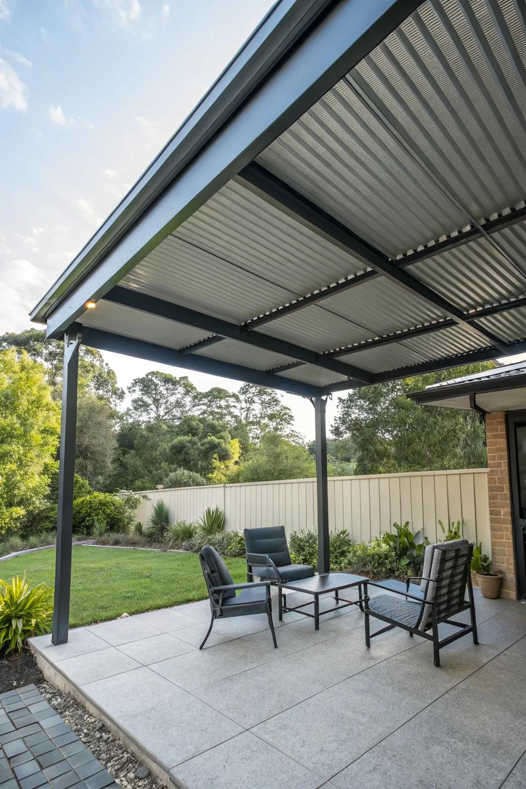 A simple and functional patio with a shed-style metal roof, offering comfort and utility.