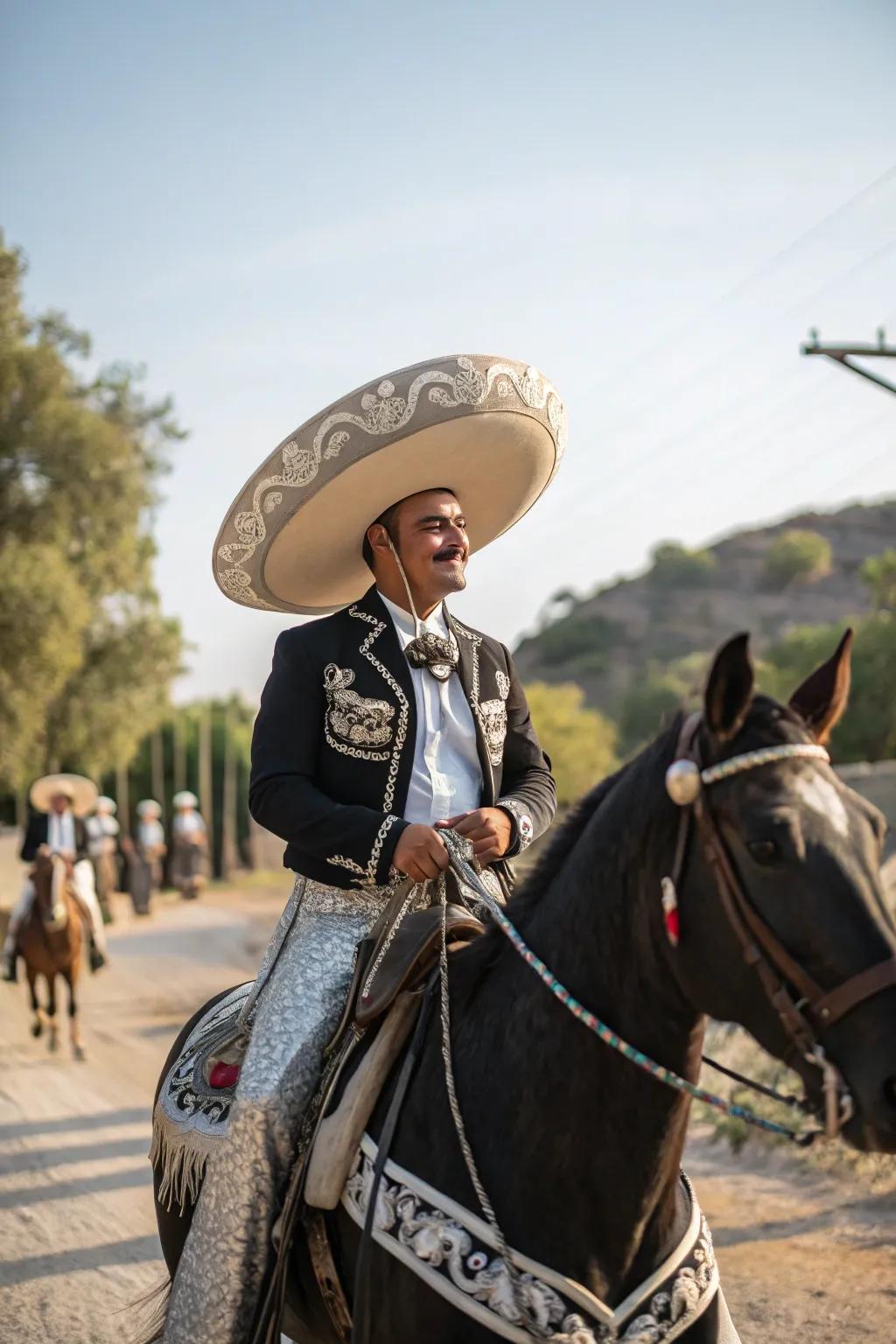 The groom makes a grand entrance on horseback, embracing charro tradition.